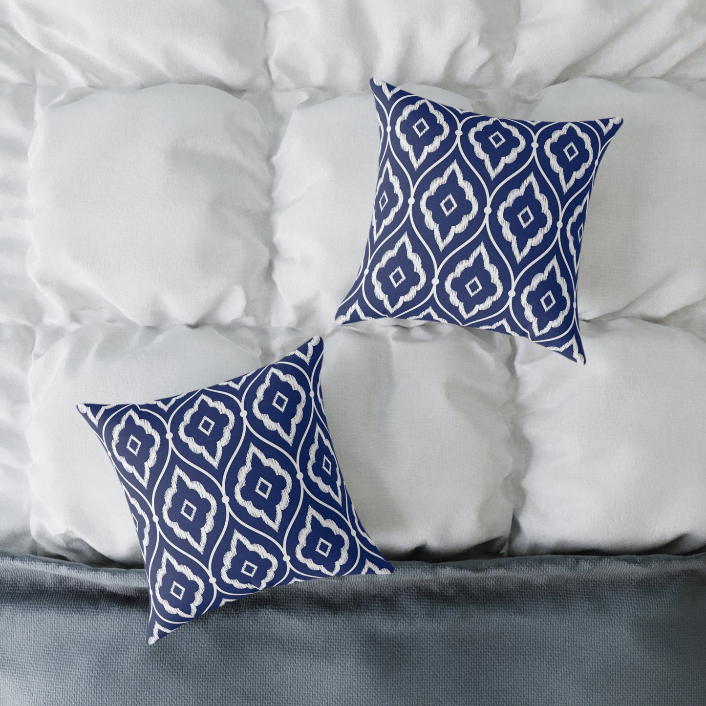 Navy and White Ikat Geometric Pattern Square Pillow | Coastal Home Decor