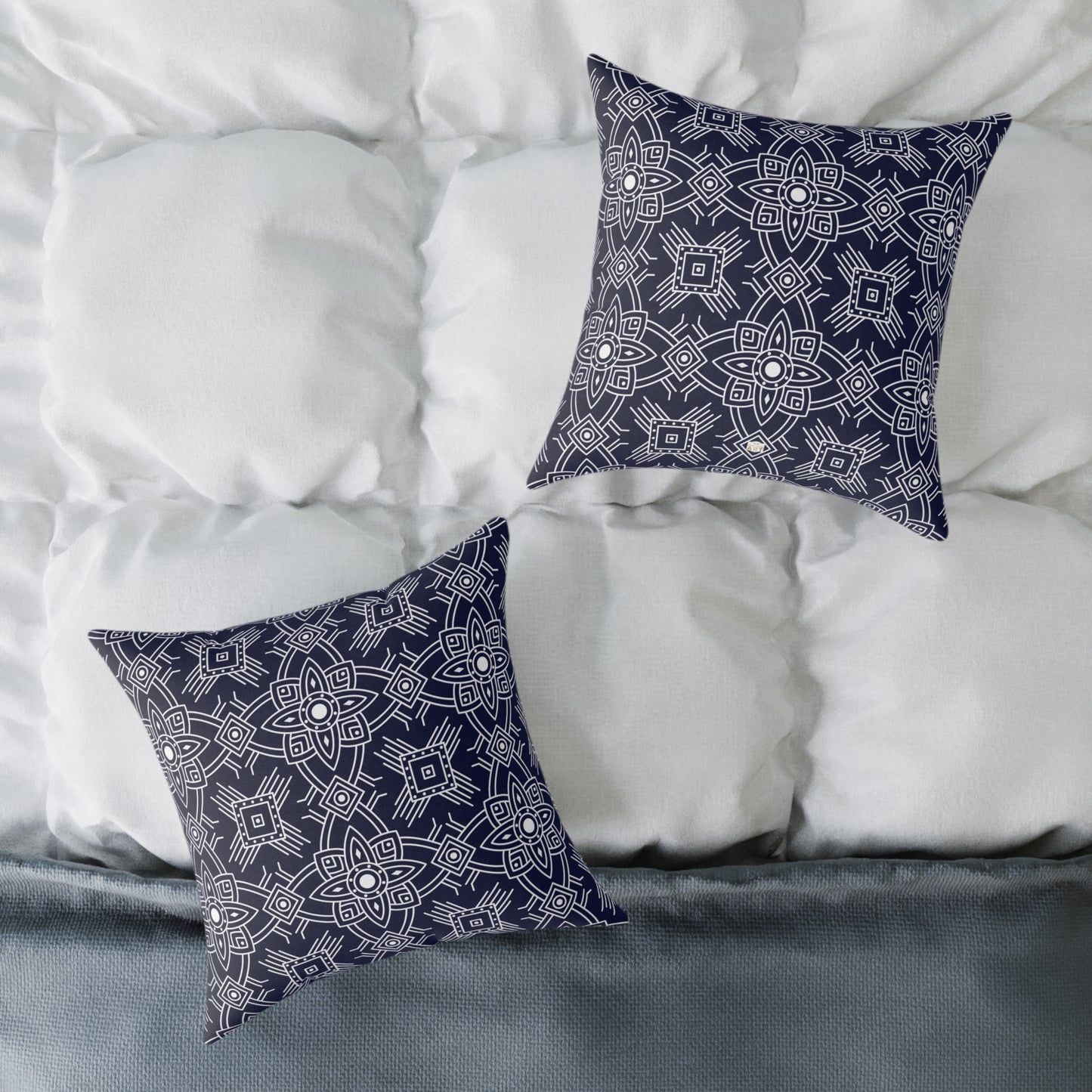 Navy White Geometric Mandala Square Pillow | Blue Pattern Throw Pillow