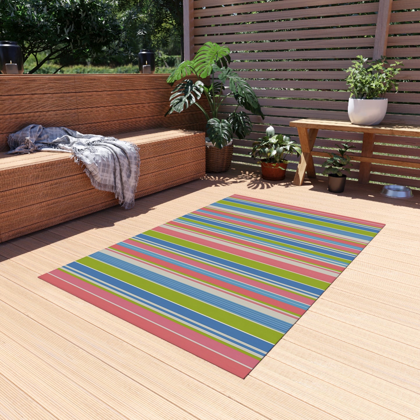 Colorful Striped Outdoor/Indoor Rug | Patio Mat, Weather-Resistant Stripe Design