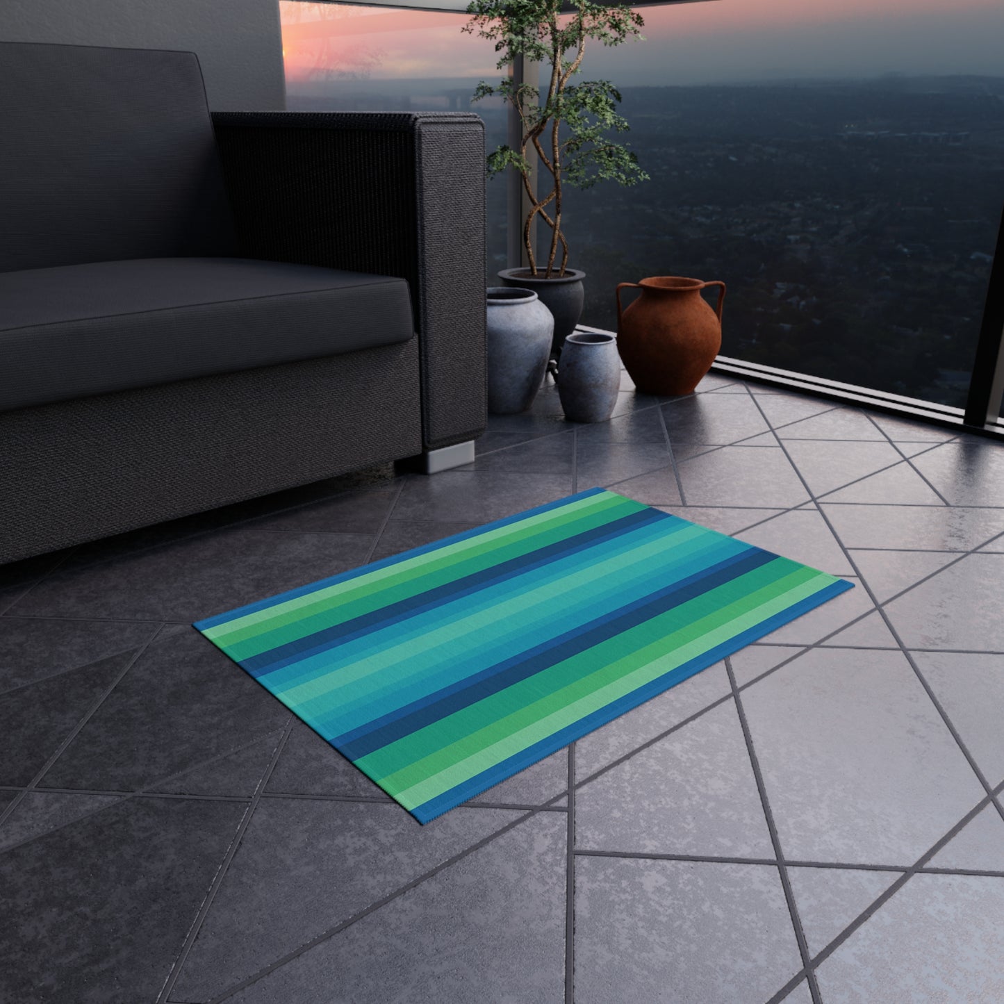 Blue Green Striped Outdoor/Indoor Rug | Patio Mat, Weather-Resistant Floor Covering