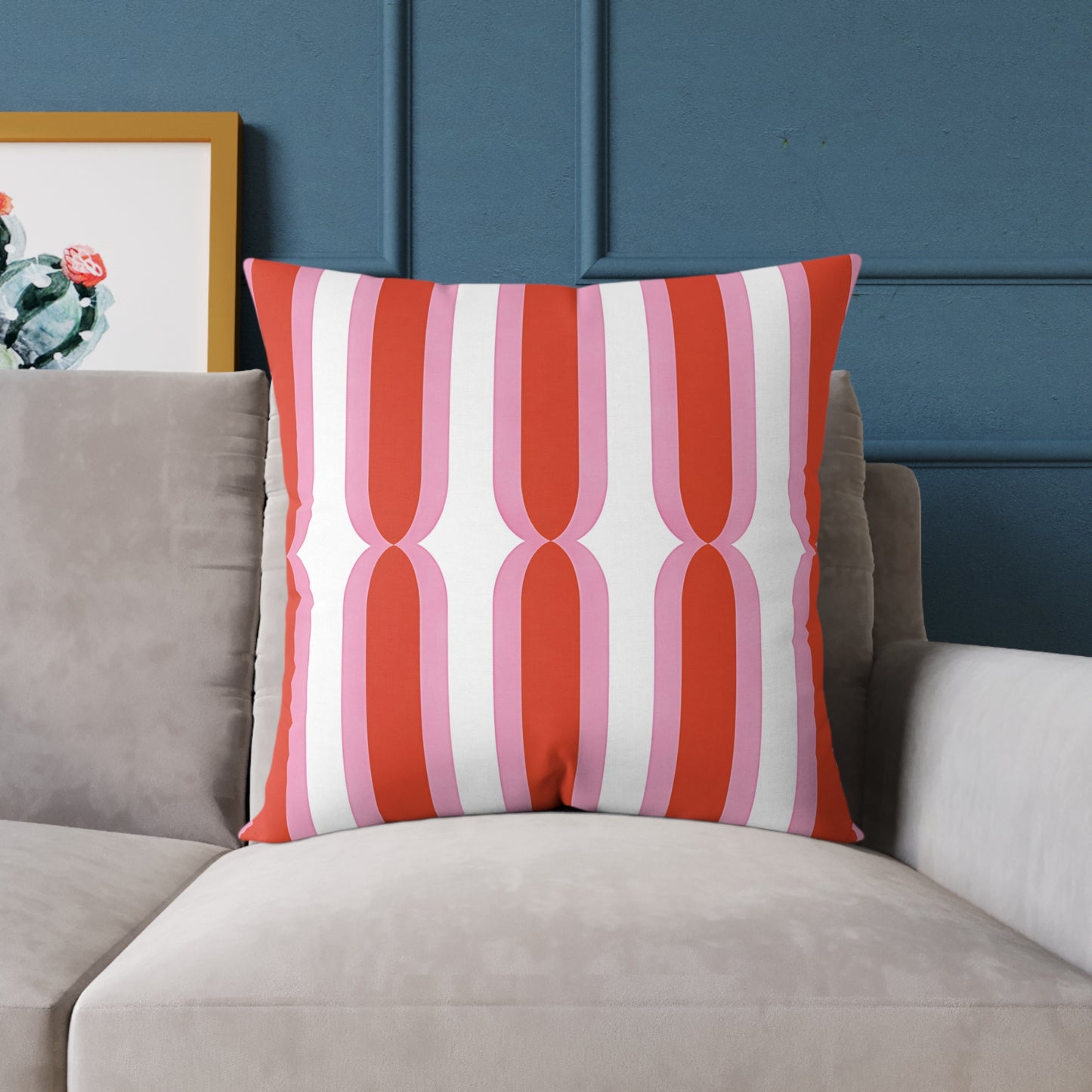Retro Pink Orange Geometric Stripes Pillow | Square Poly Canvas Cushion