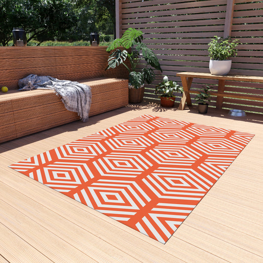Geometric Hexagon Pattern Outdoor/Indoor Rug | Orange White Diamond Patio Mat