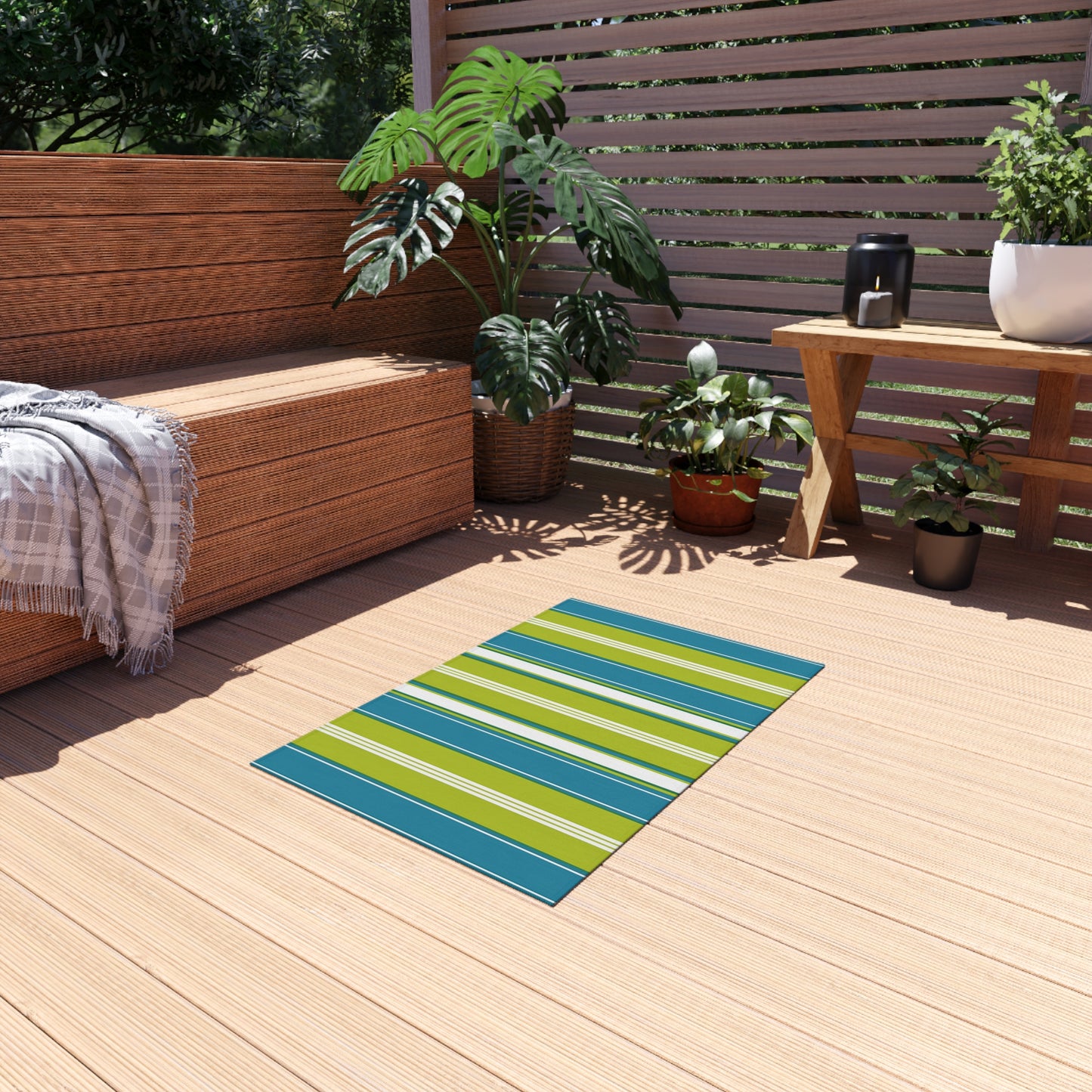 Blue Green White Stripe Outdoor/Indoor Rug | Patio Mat, Weather-Resistant