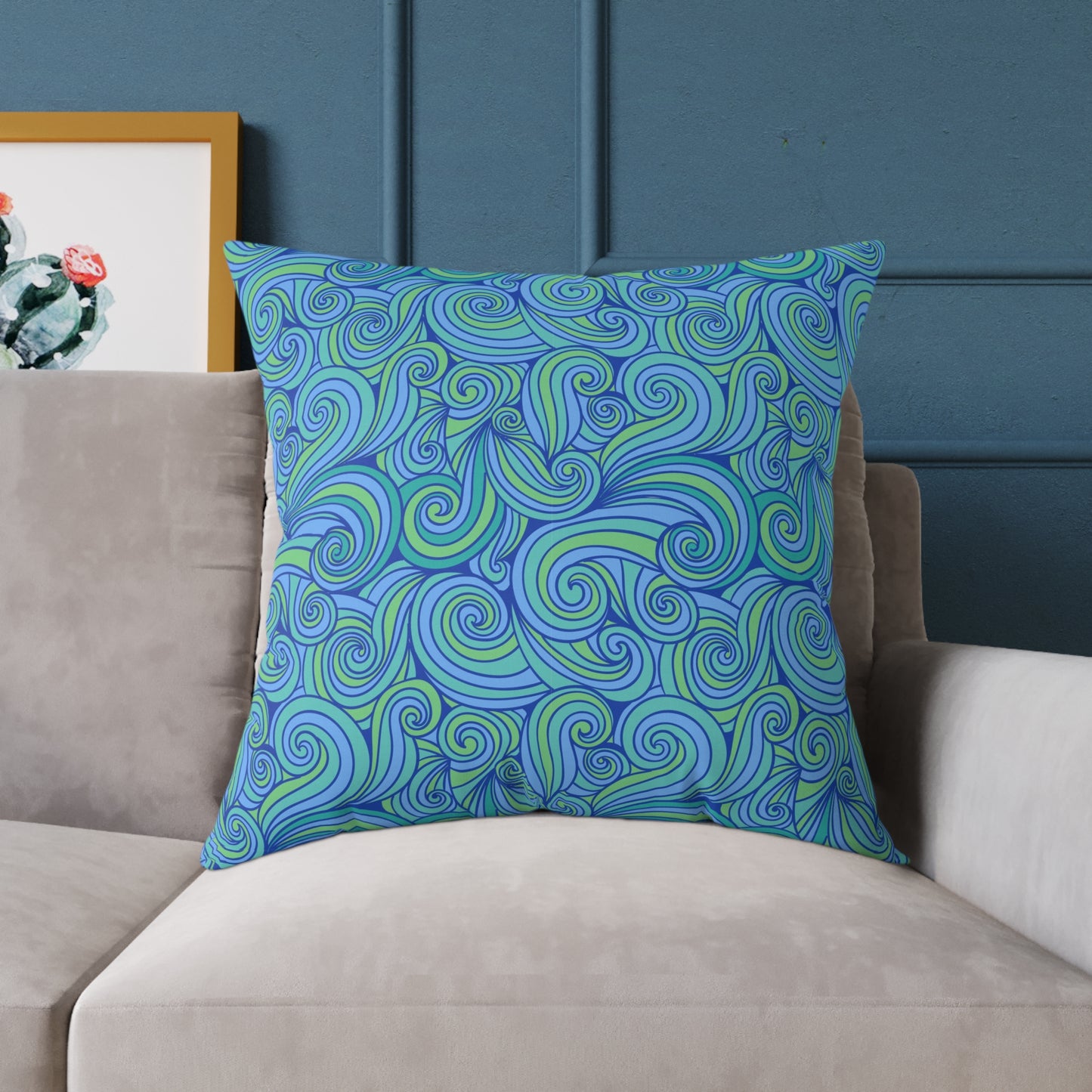 Blue Green Swirl Pattern Pillow | Square Poly Canvas Pillow