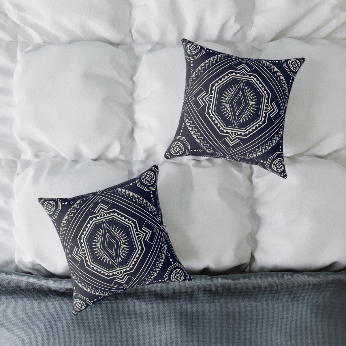 Navy Aztec Mandala Square Pillow | Geometric Boho Throw Pillow
