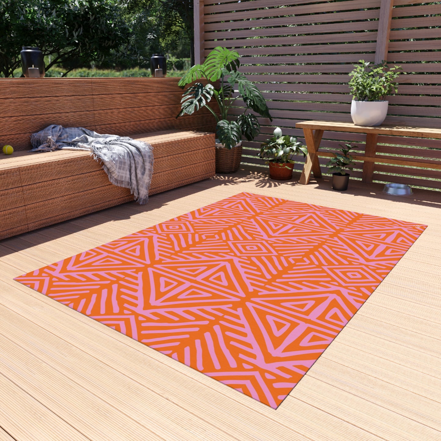 Orange and Pink Geometric Tribal Pattern Outdoor Rug | Water-Resistant Patio Mat