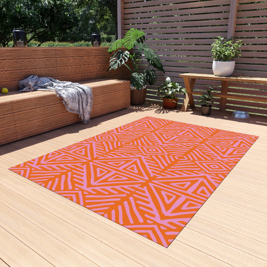 Orange and Pink Geometric Tribal Pattern Outdoor Rug | Water-Resistant Patio Mat