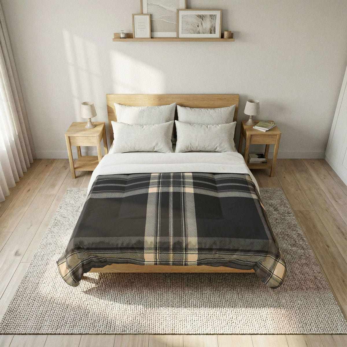 Black Beige Plaid Cotton Comforter | Neutral Check Bedding