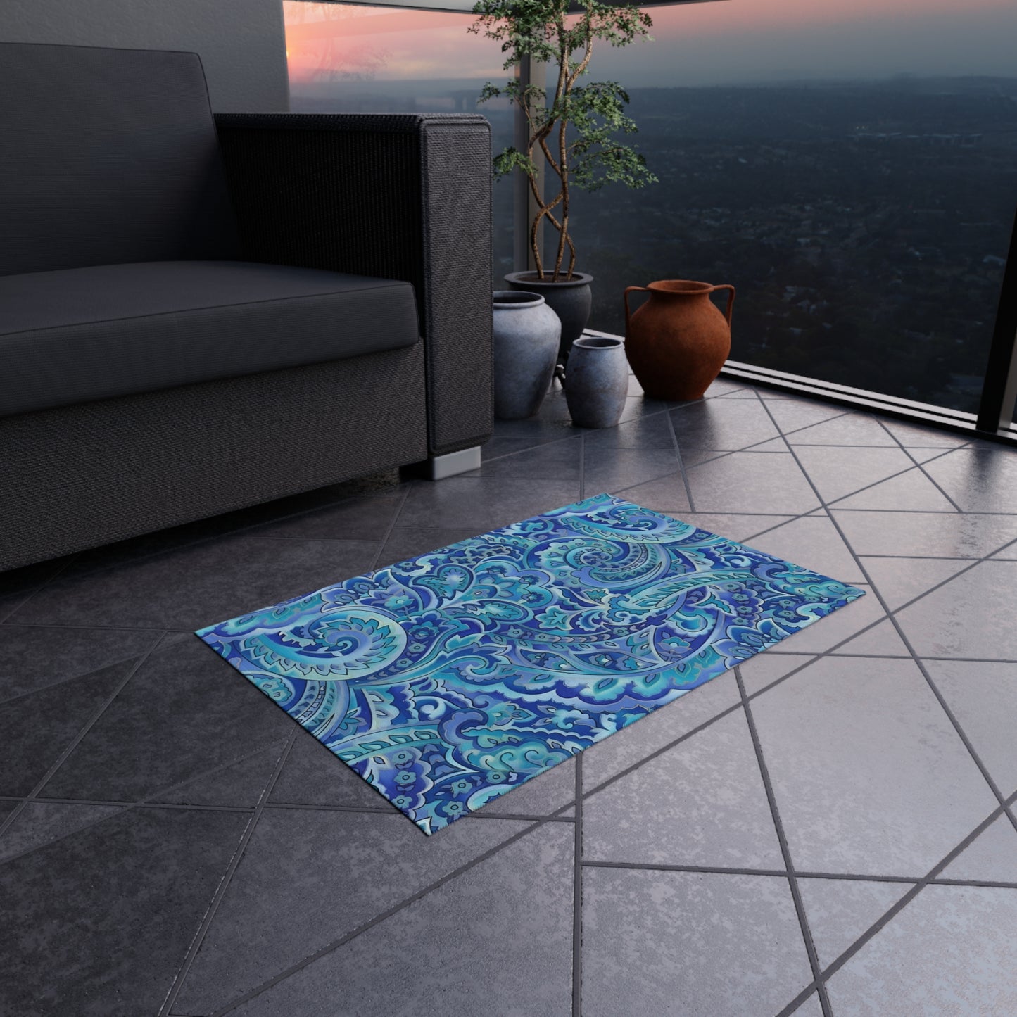 Blue Paisley Pattern Outdoor/Indoor Rug | Waterproof Patio Mat