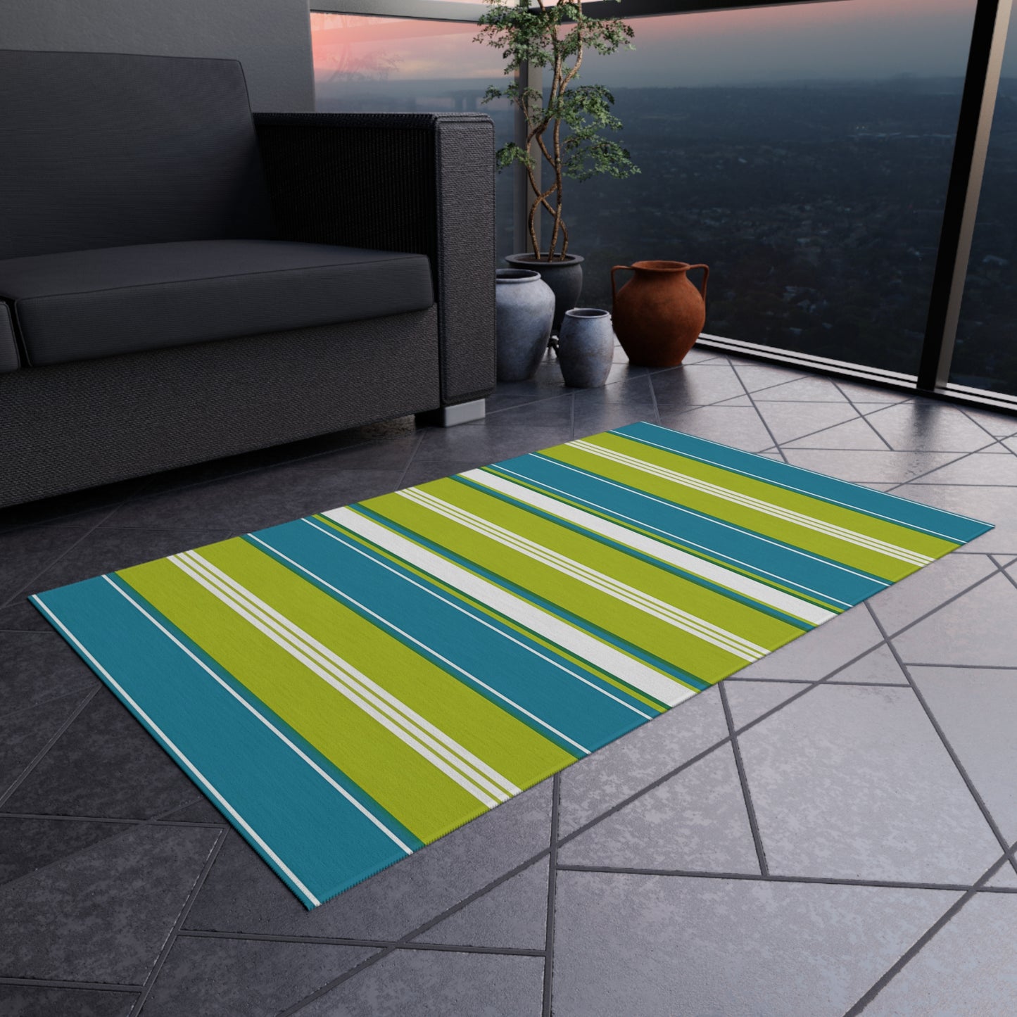 Blue Green White Stripe Outdoor/Indoor Rug | Patio Mat, Weather-Resistant