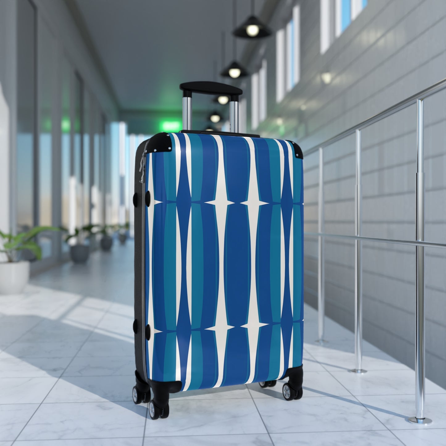 Blue Mid-Century Geometric Suitcase | Retro Stripe Luggage