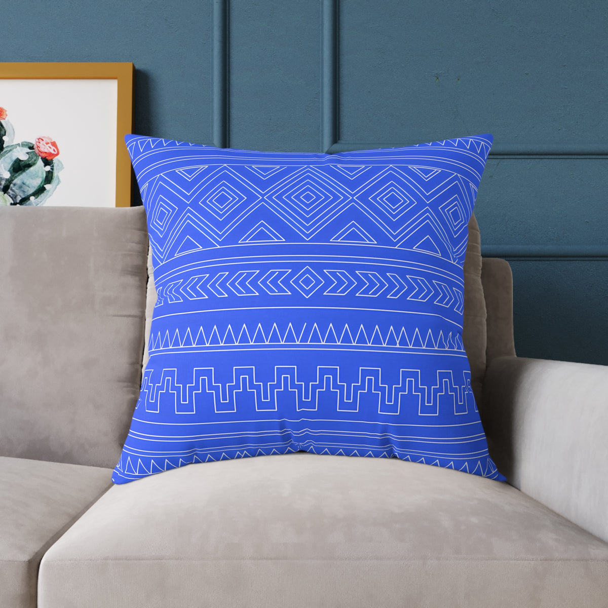 Blue Aztec Pattern Square Pillow | Geometric Tribal Throw Pillow