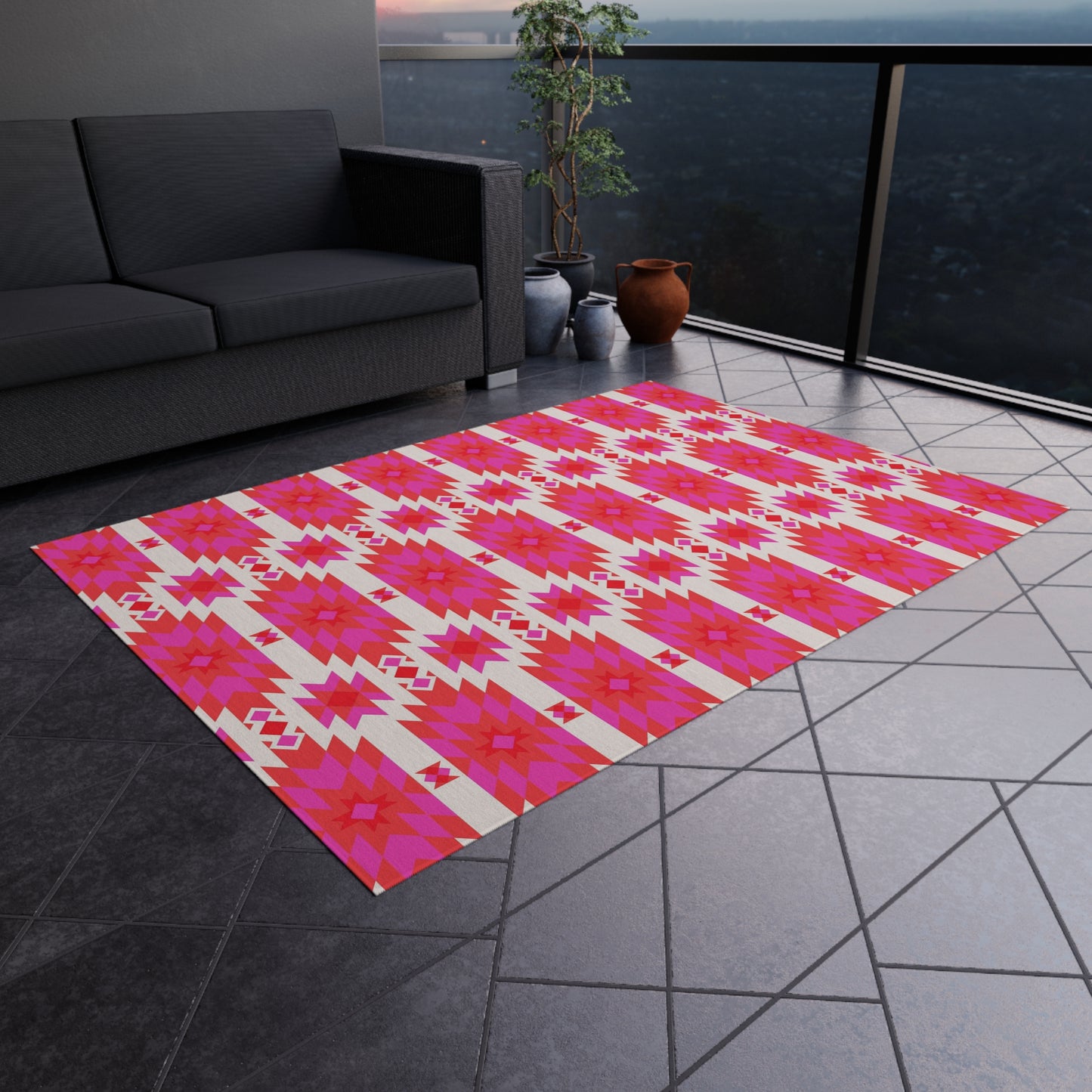 Pink Orange Aztec Geometric Pattern Outdoor/Indoor Rug | Southwestern Boho Patio Mat