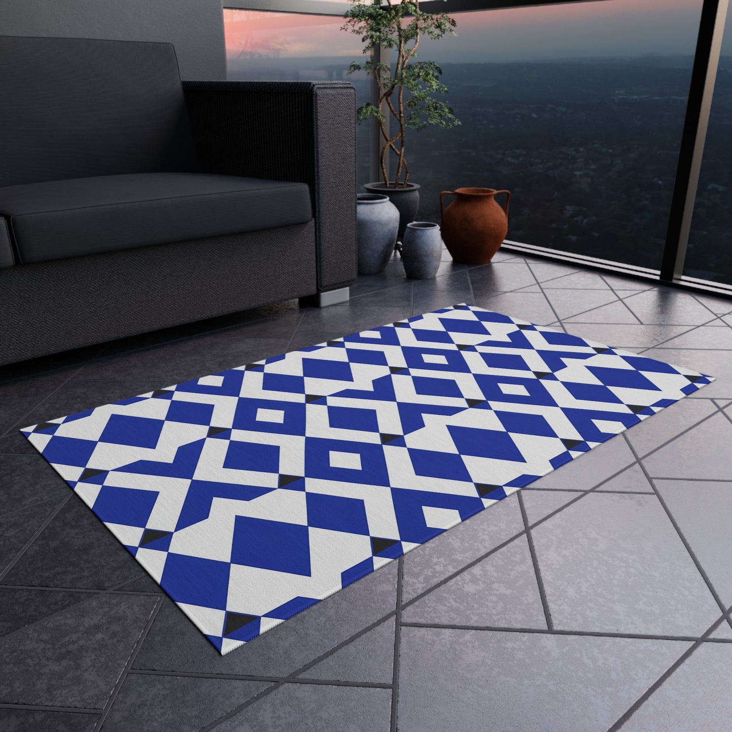 Blue Geometric Diamond Pattern Outdoor/Indoor Rug | Patio Mat, Modern Navy Black White Design