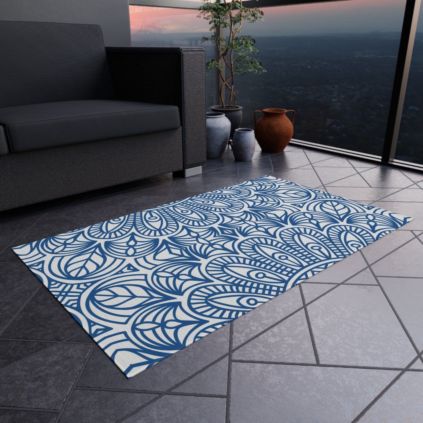 Blue Mandala Pattern Outdoor/Indoor Rug | Waterproof Patio Mat