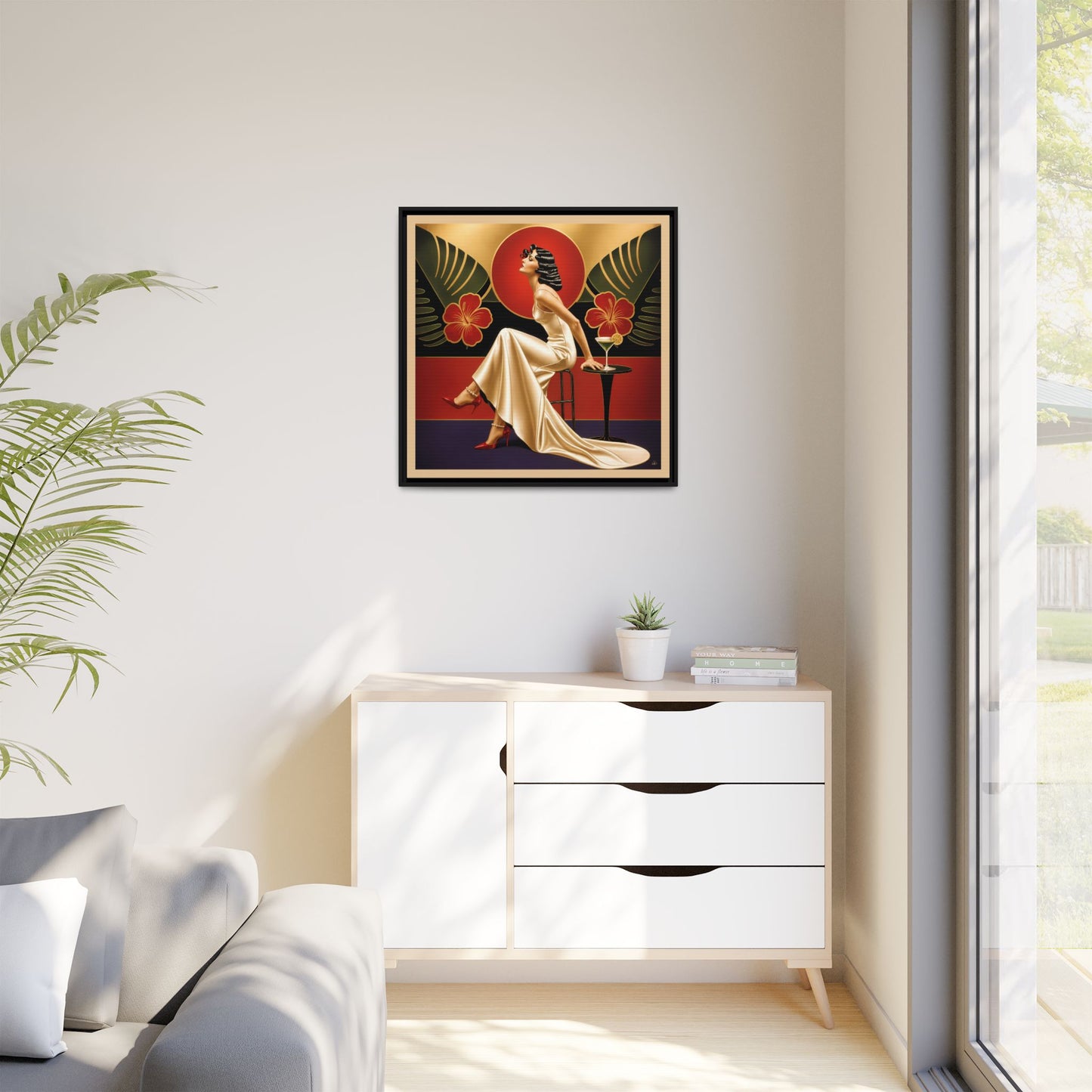 Art Deco Lady Red Green Beige Tropical Canvas Framed Wall Art | Matte Print