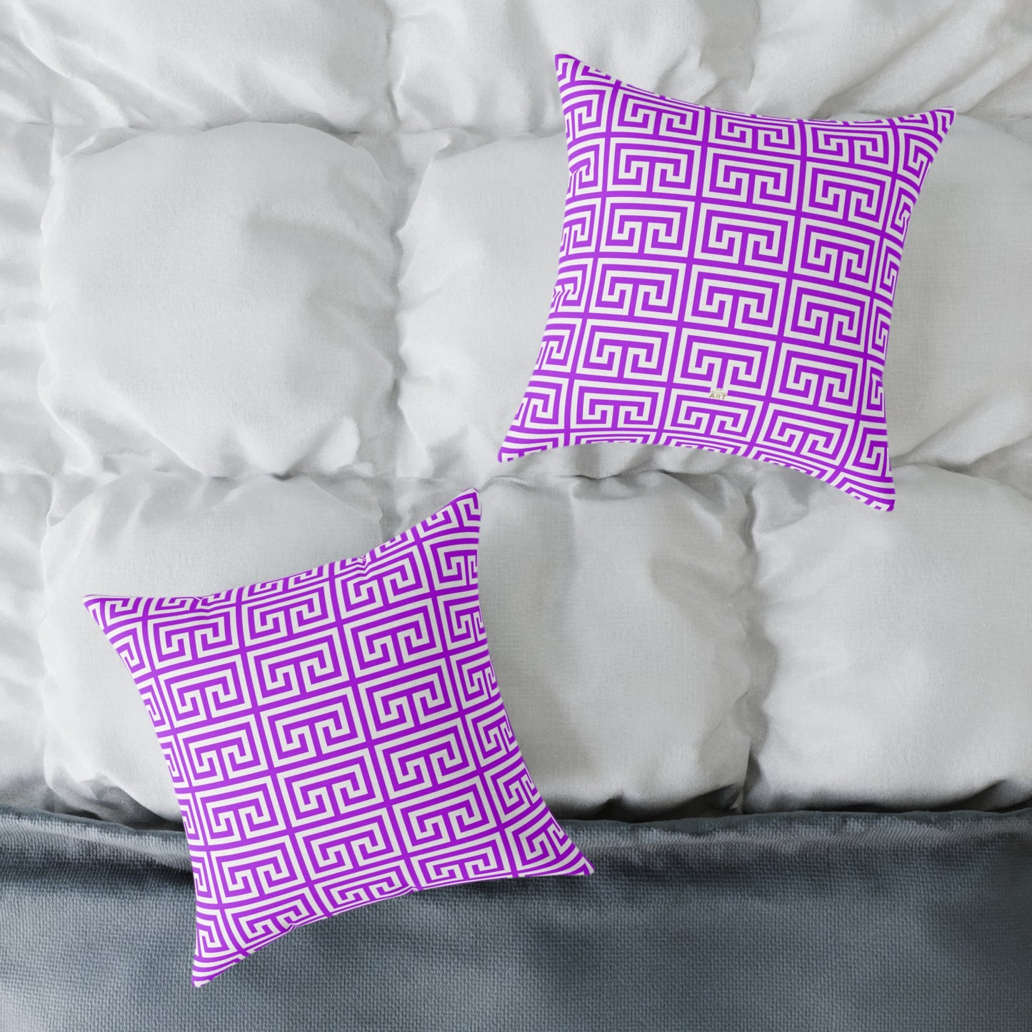 Geometric Purple White Greek Key Pattern Pillow | Square Poly Canvas Pillow