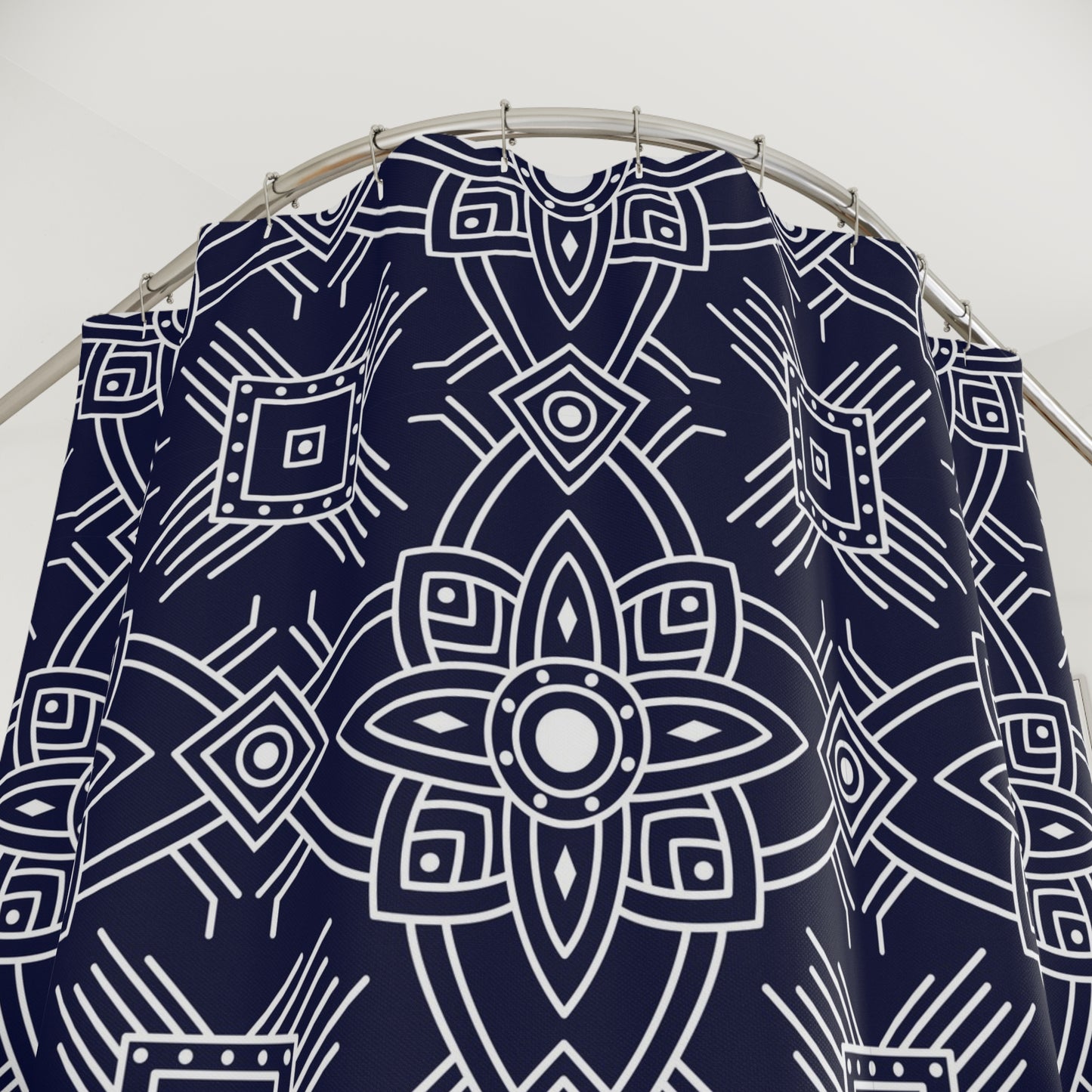 Navy Geometric Mandala Shower Curtain | Boho Tile Pattern