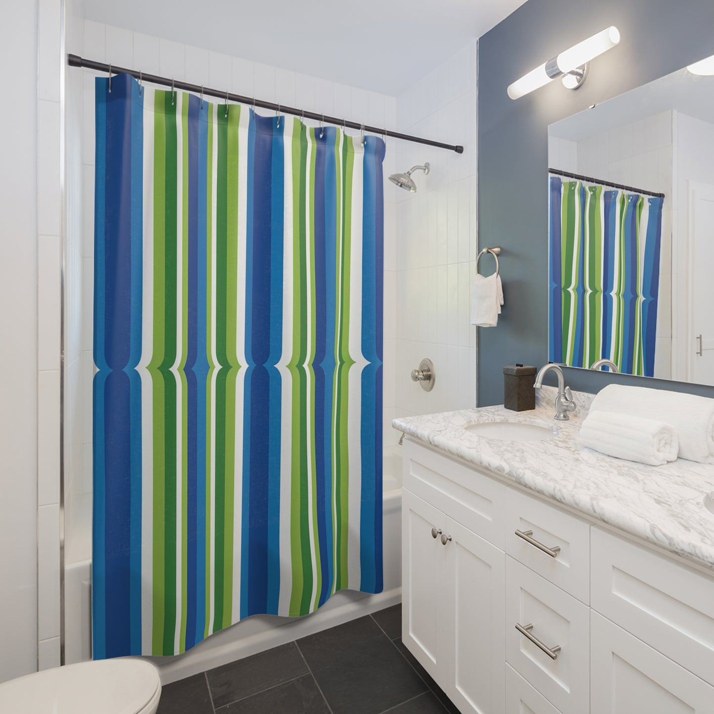 Blue Green Vertical Stripes Shower Curtain | Modern Coastal Bathroom