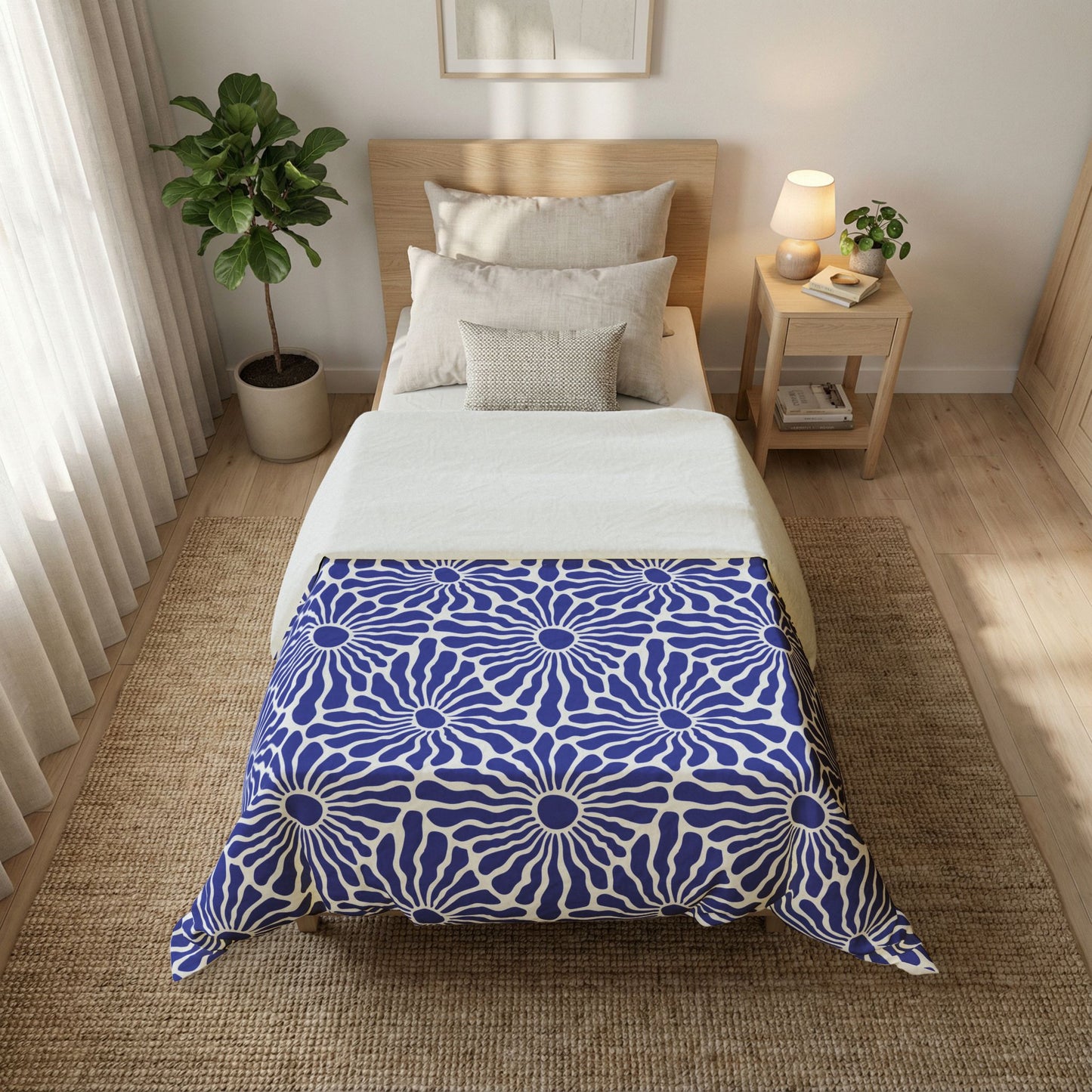 Blue Radiant Floral Cotton Duvet Cover | Geometric Daisy Pattern