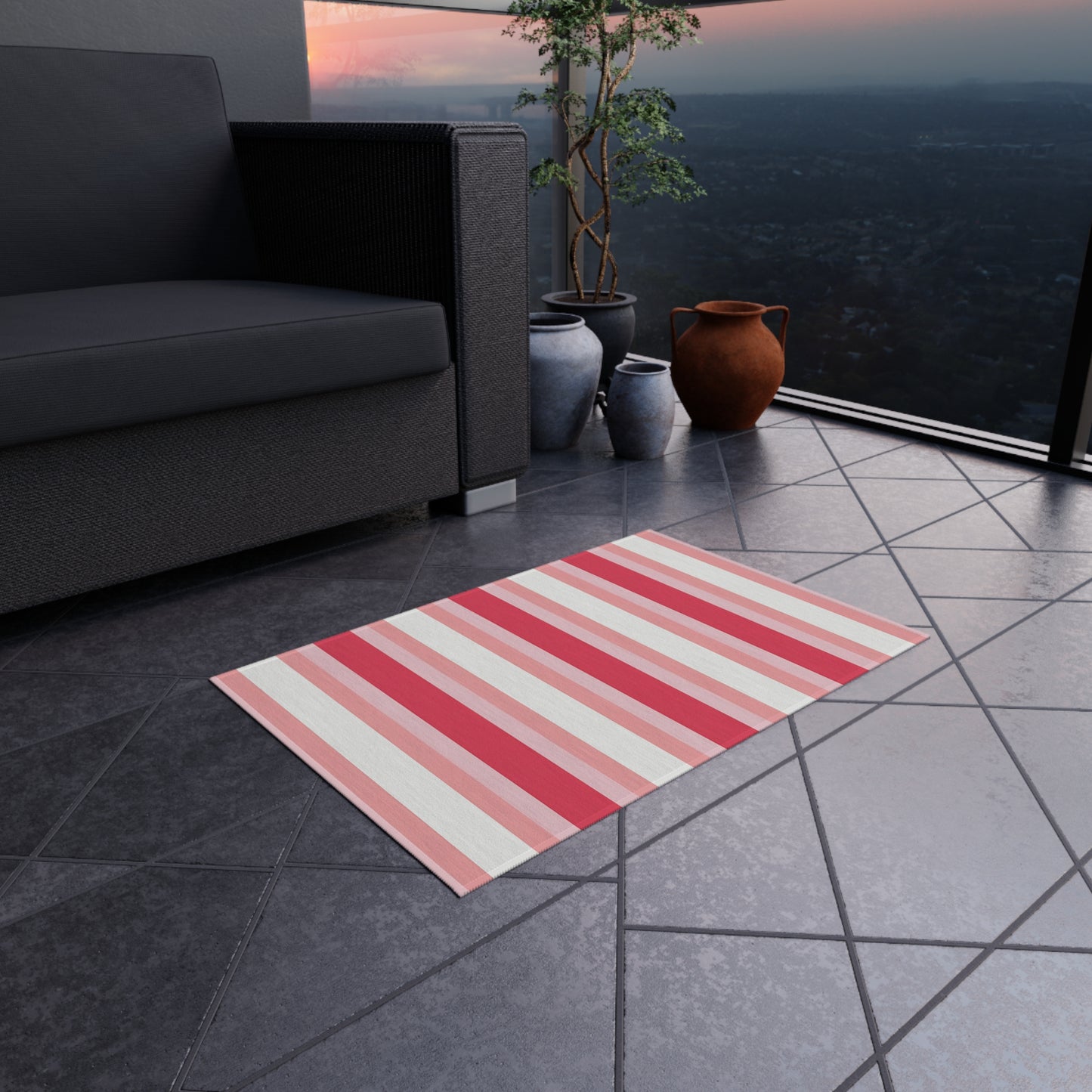 Pink White Striped Outdoor/Indoor Rug | Patio Mat, Red and Blush Stripes