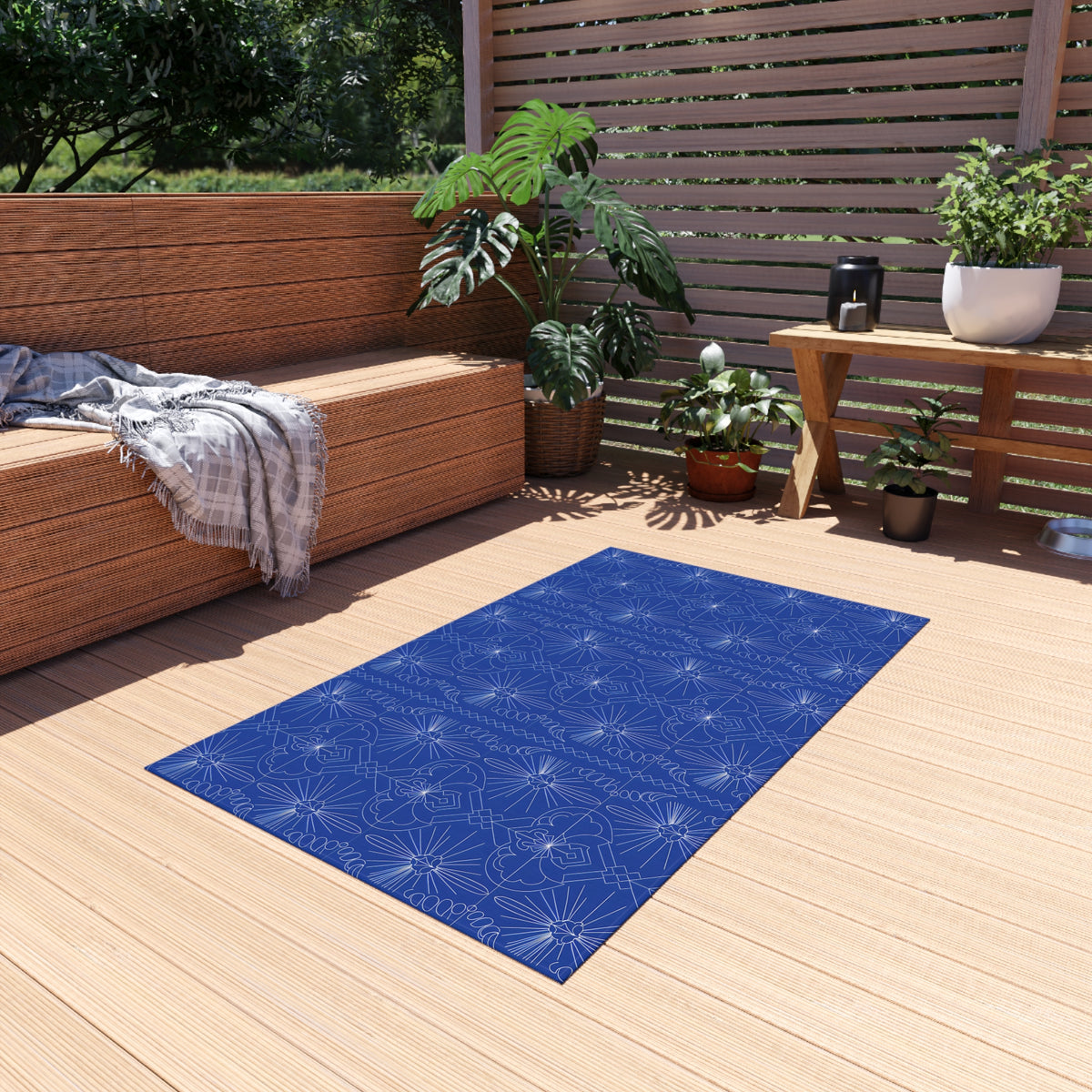 Cobalt Blue Geometric Floral Pattern Outdoor Rug | Patio Mat