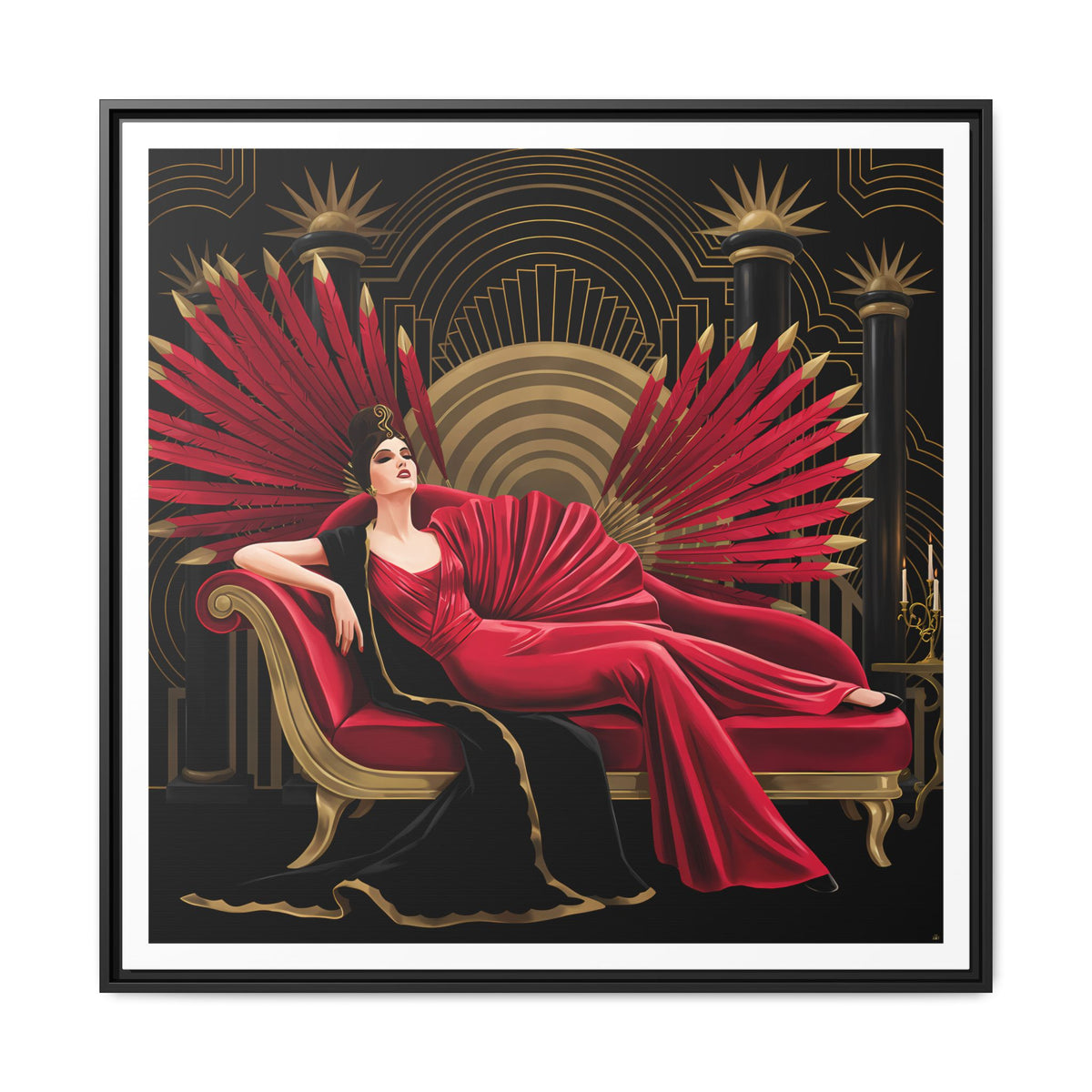 Art Deco Lady with Red Feathers Matte Canvas Framed Wall Art
