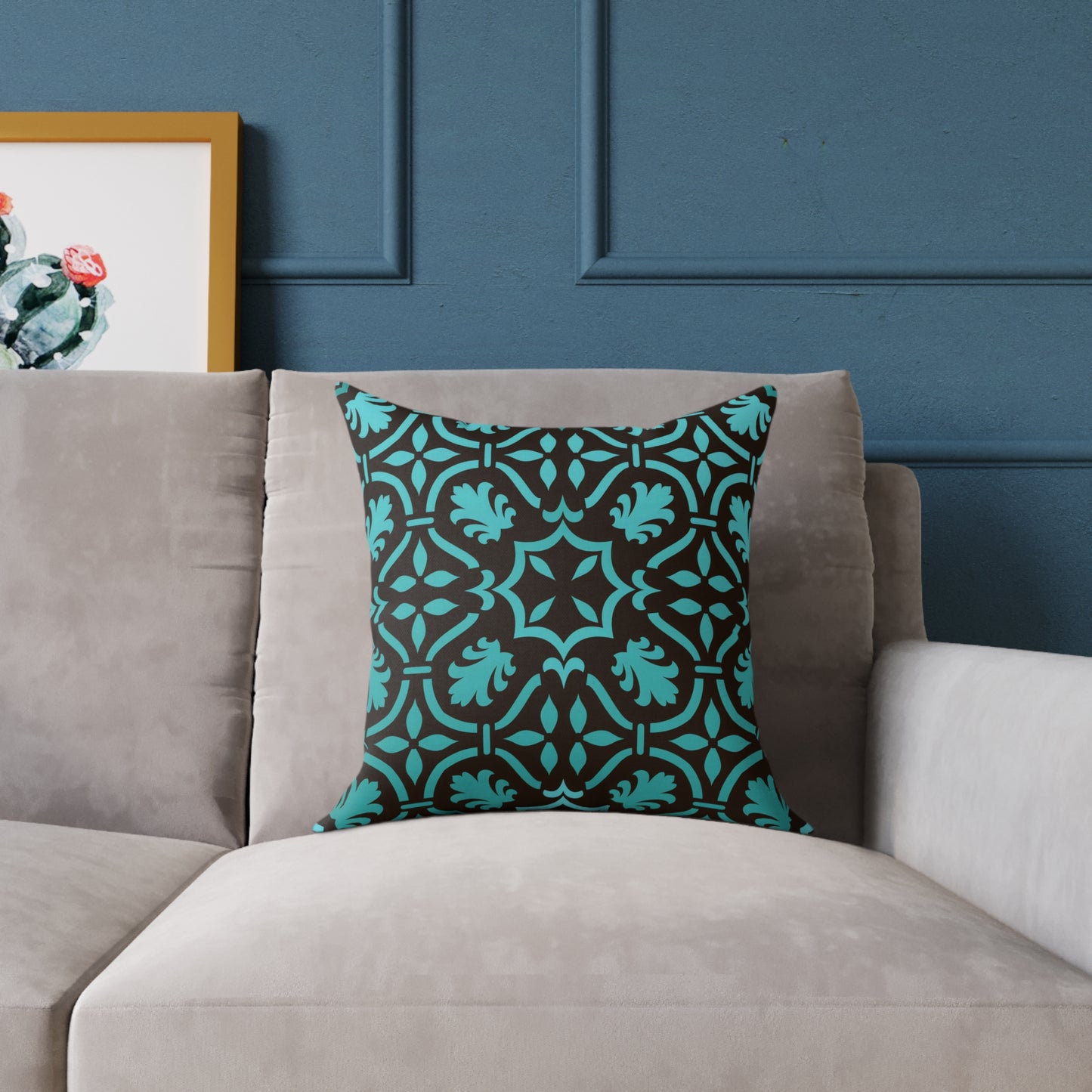 Teal Black Moroccan Tile Square Pillow | Poly Canvas Decorative Pillow