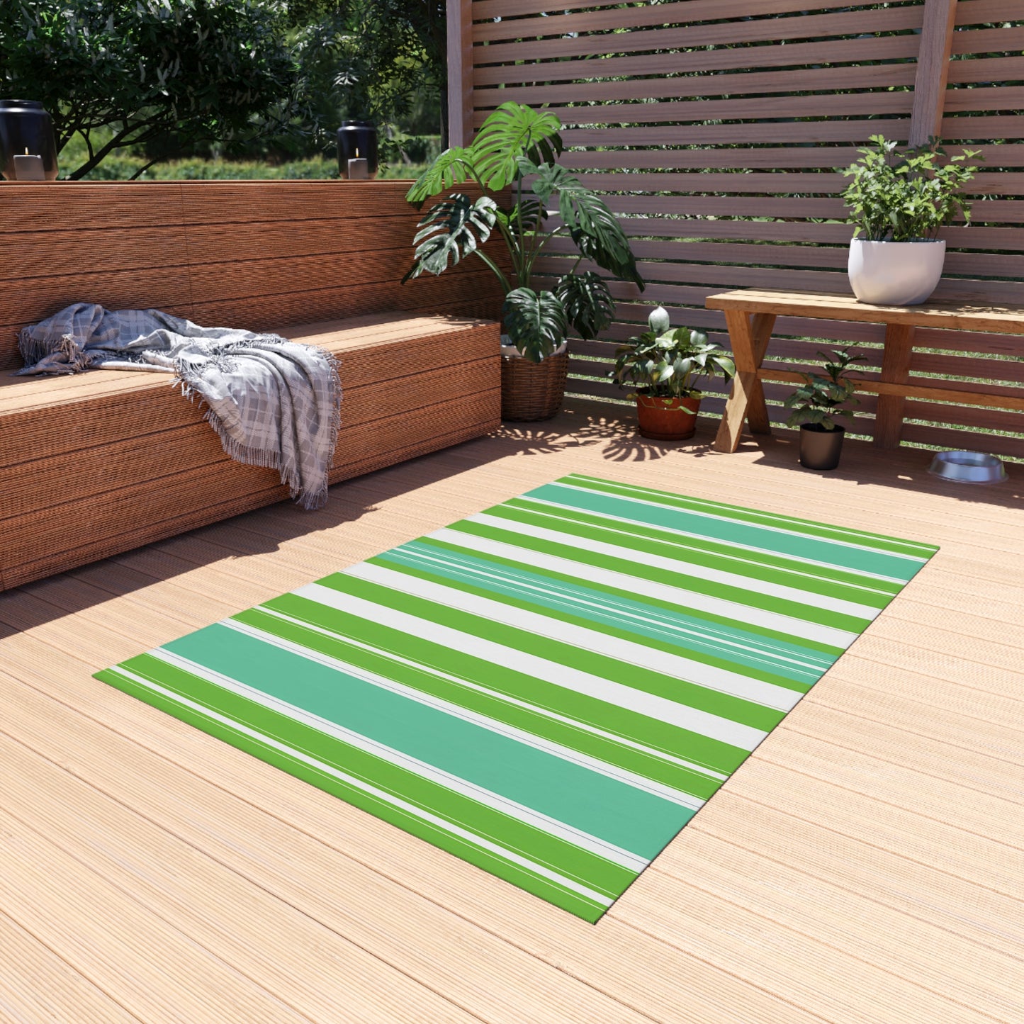 Green Blue White Stripe Outdoor/Indoor Rug | Patio Mat, Weatherproof Area Rug