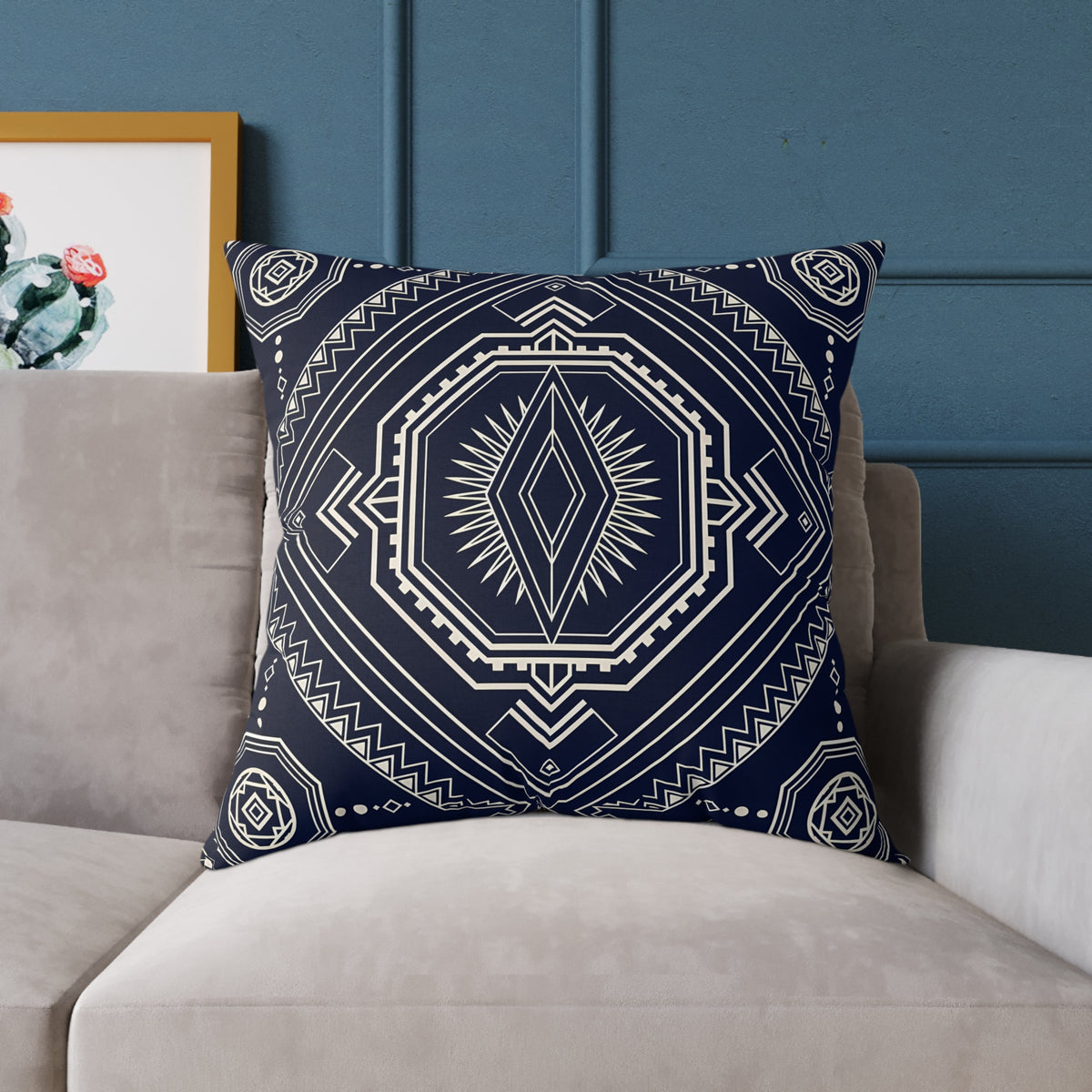 Navy Aztec Mandala Square Pillow | Geometric Boho Throw Pillow