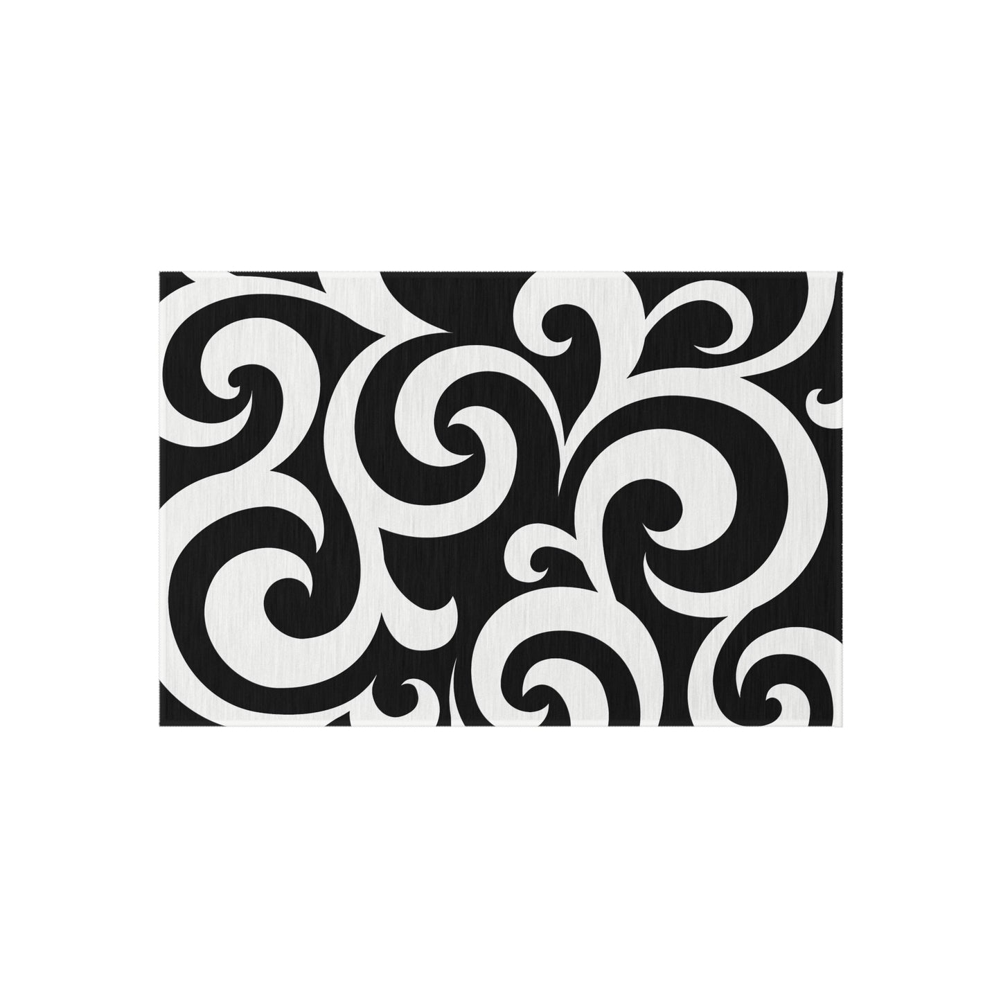 Black White Swirl Pattern Outdoor Rug | Modern Scroll Patio Mat