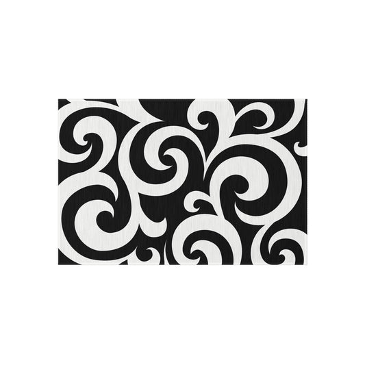 Black White Swirl Pattern Outdoor Rug | Modern Scroll Patio Mat