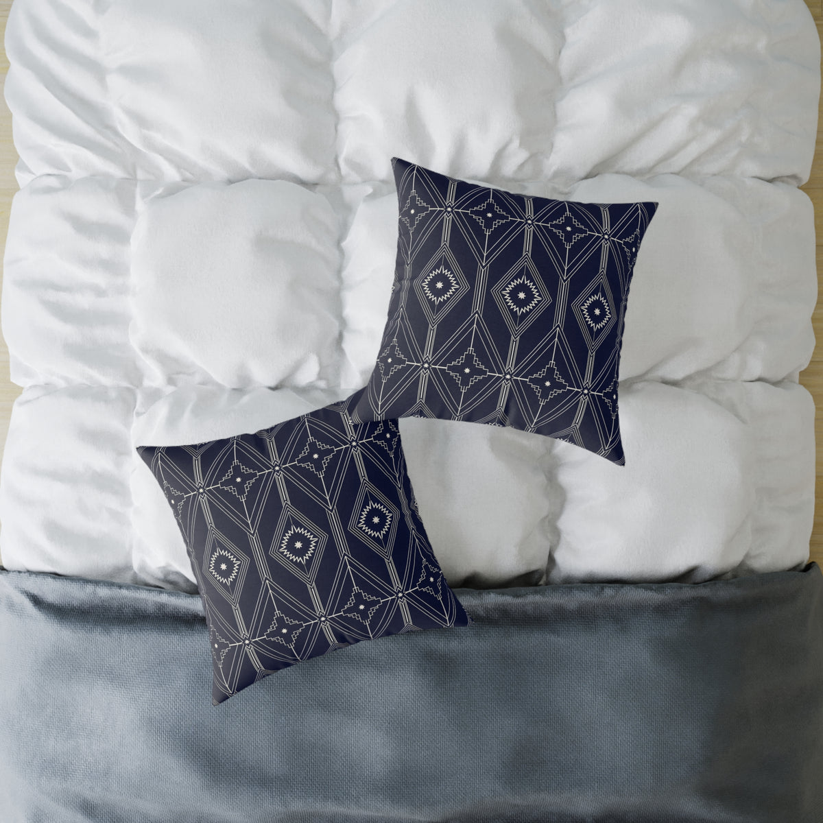 Navy Geometric Diamond Pattern Square Pillow | Boho Tribal Throw Cushion