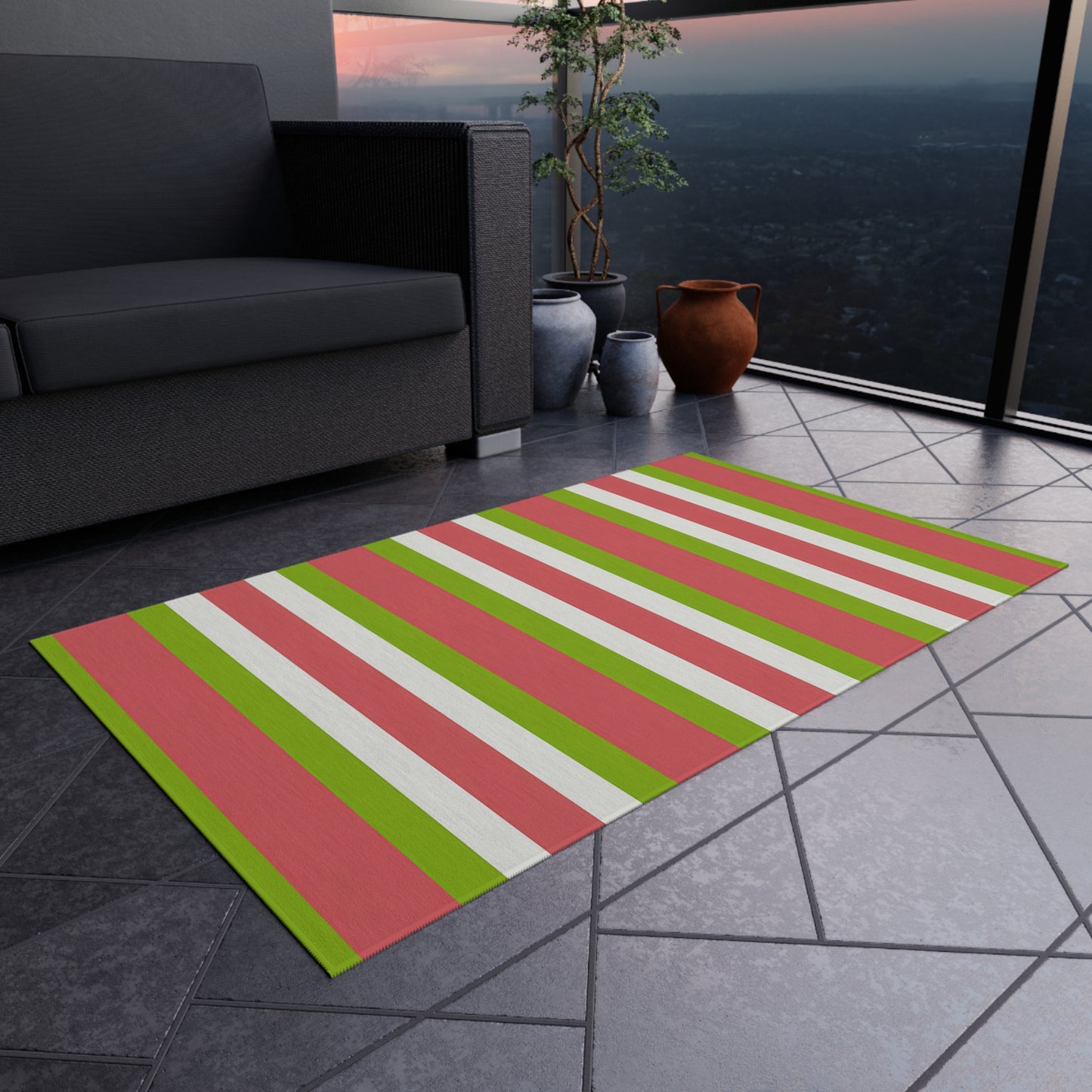 Striped Medium Pink Green White Outdoor/Indoor Rug | Patio Deck Mat