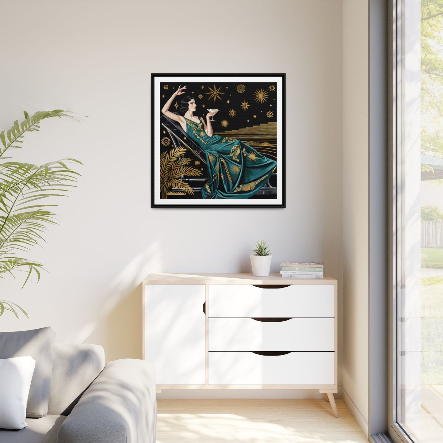 Art Deco Lady with Cocktail Matte Canvas Framed Wall Art