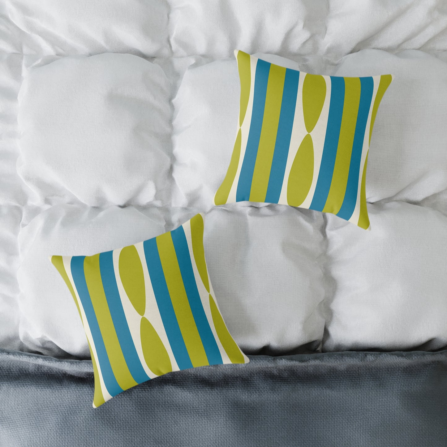Mid Century Modern Stripe Pillow | Green and Cerulean Blue Geometric Retro Pattern