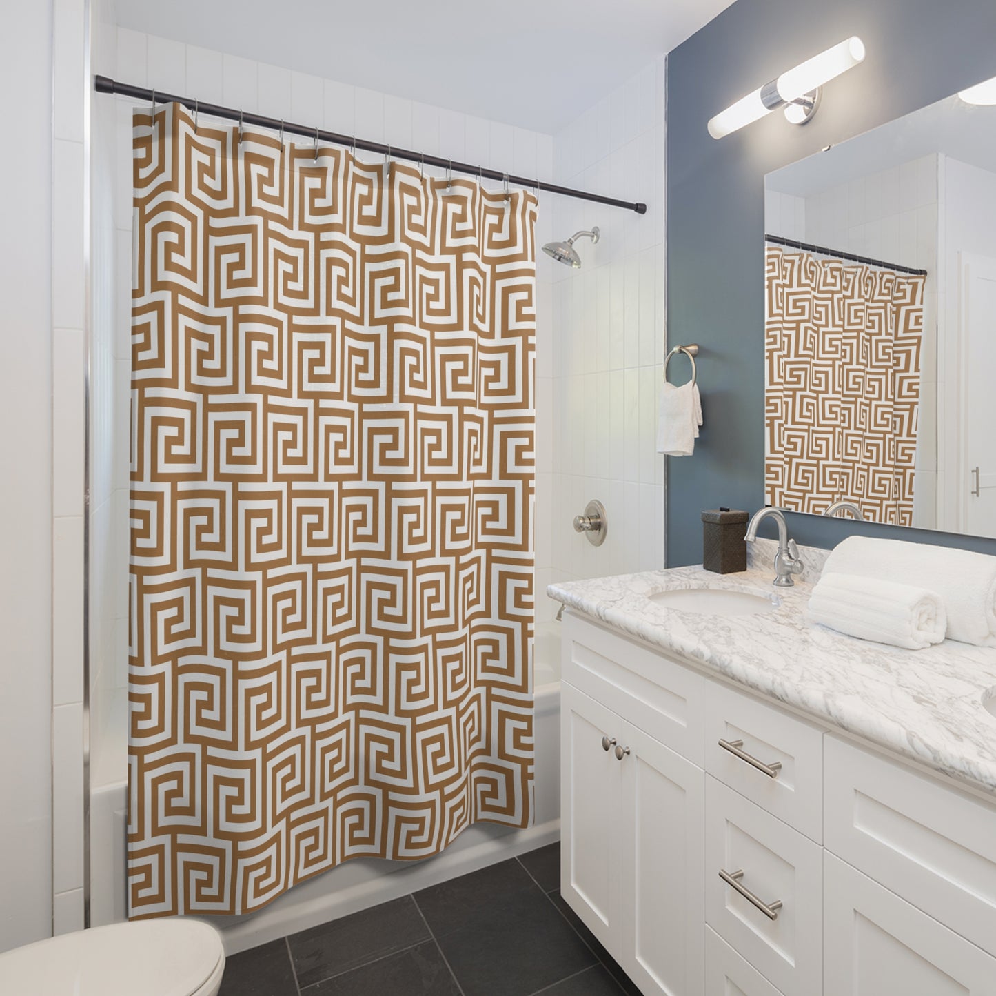 Light Brown and White Greek Key pattern Shower Curtain | Geometric Bathroom Decor Glam Bathroom Accessory