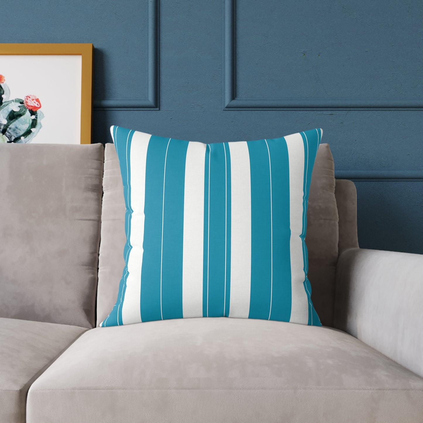 Teal and White Vertical Stripe Square Pillow | Poly Canvas Throw Pillow