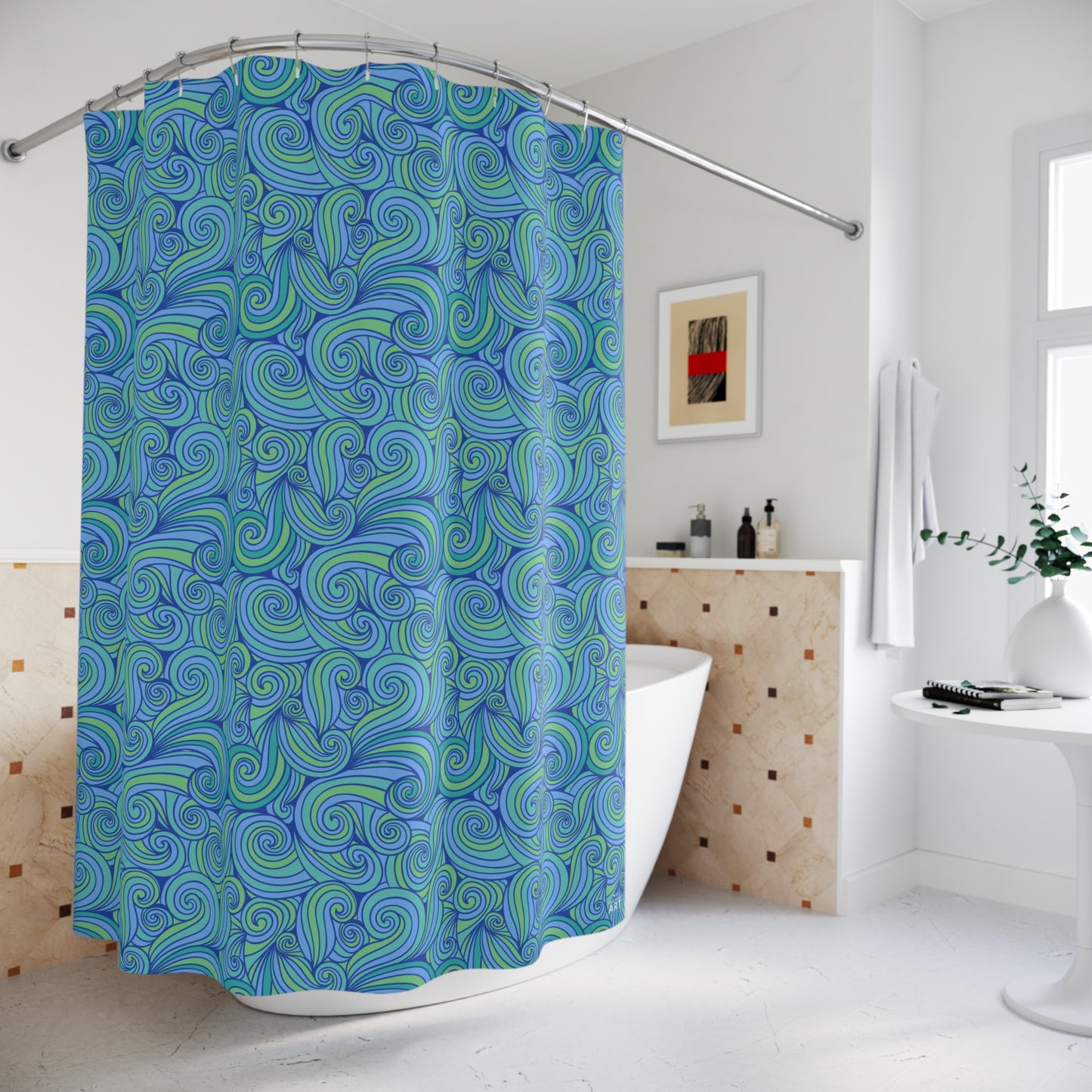 Blue Green Swirl Pattern Shower Curtain | Nautical Wave Bathroom Decor