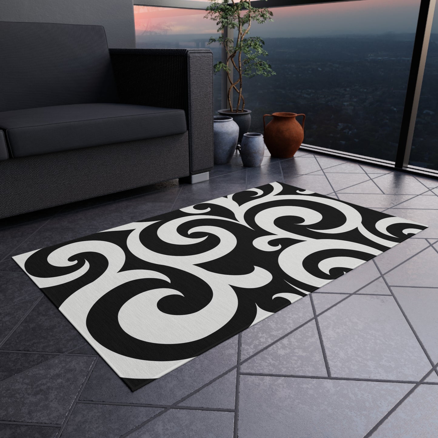 Black White Swirl Pattern Outdoor Rug | Modern Scroll Patio Mat