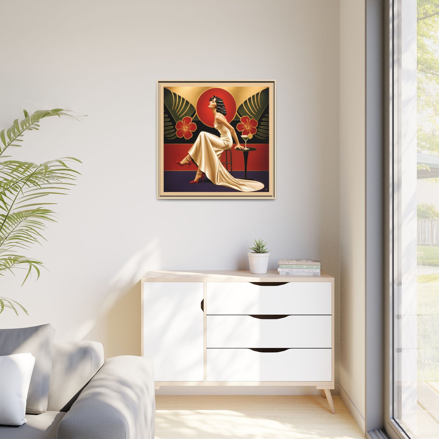 Art Deco Lady Red Green Beige Tropical Canvas Framed Wall Art | Matte Print