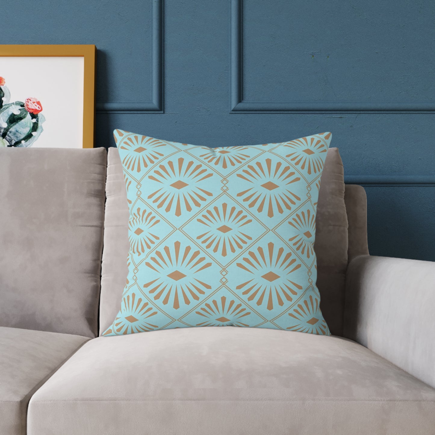 Dark Gold Geometric Fan Pattern Square Poly Canvas Pillow | Turquoise Throw Pillow