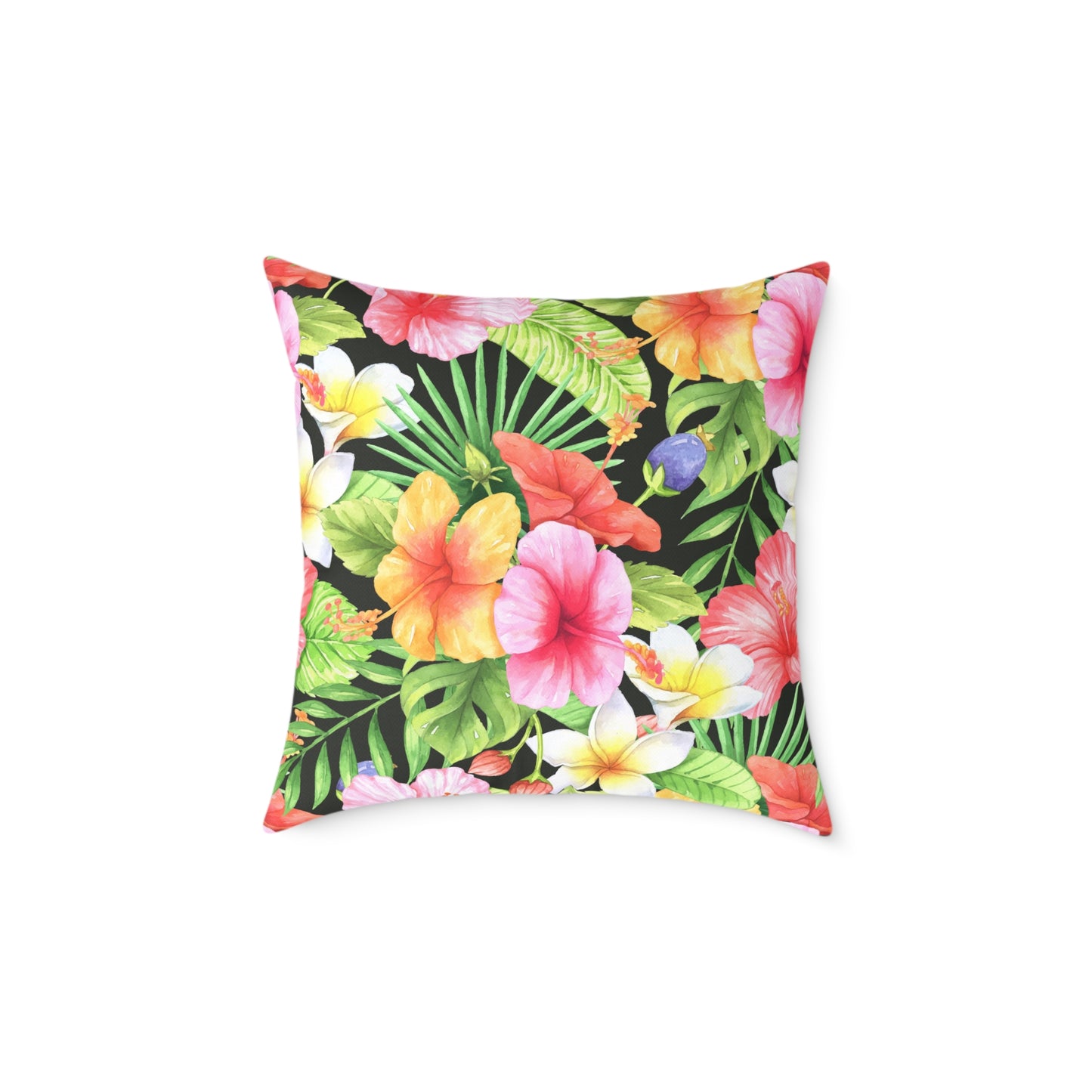 Tropical Pink Yellow Green Hibiscus Floral Square Pillow | Hawaiian Leaves Pattern