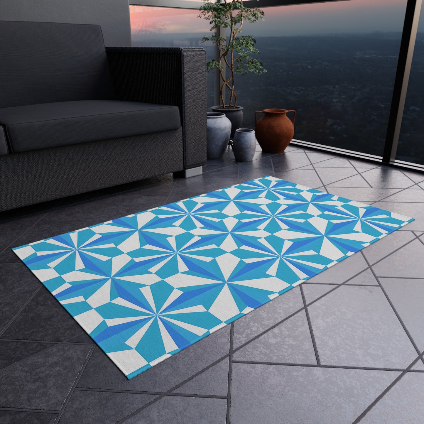 Blue White Geometric Pinwheel Pattern Outdoor/Indoor Rug | Patio Mat