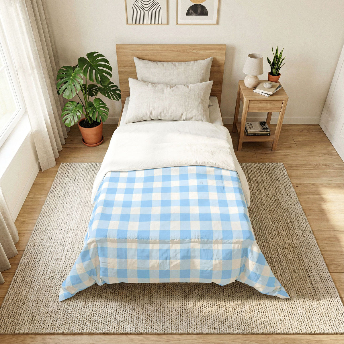 Blue White Gingham Plaid Cotton Comforter | Light Buffalo Check Bedding