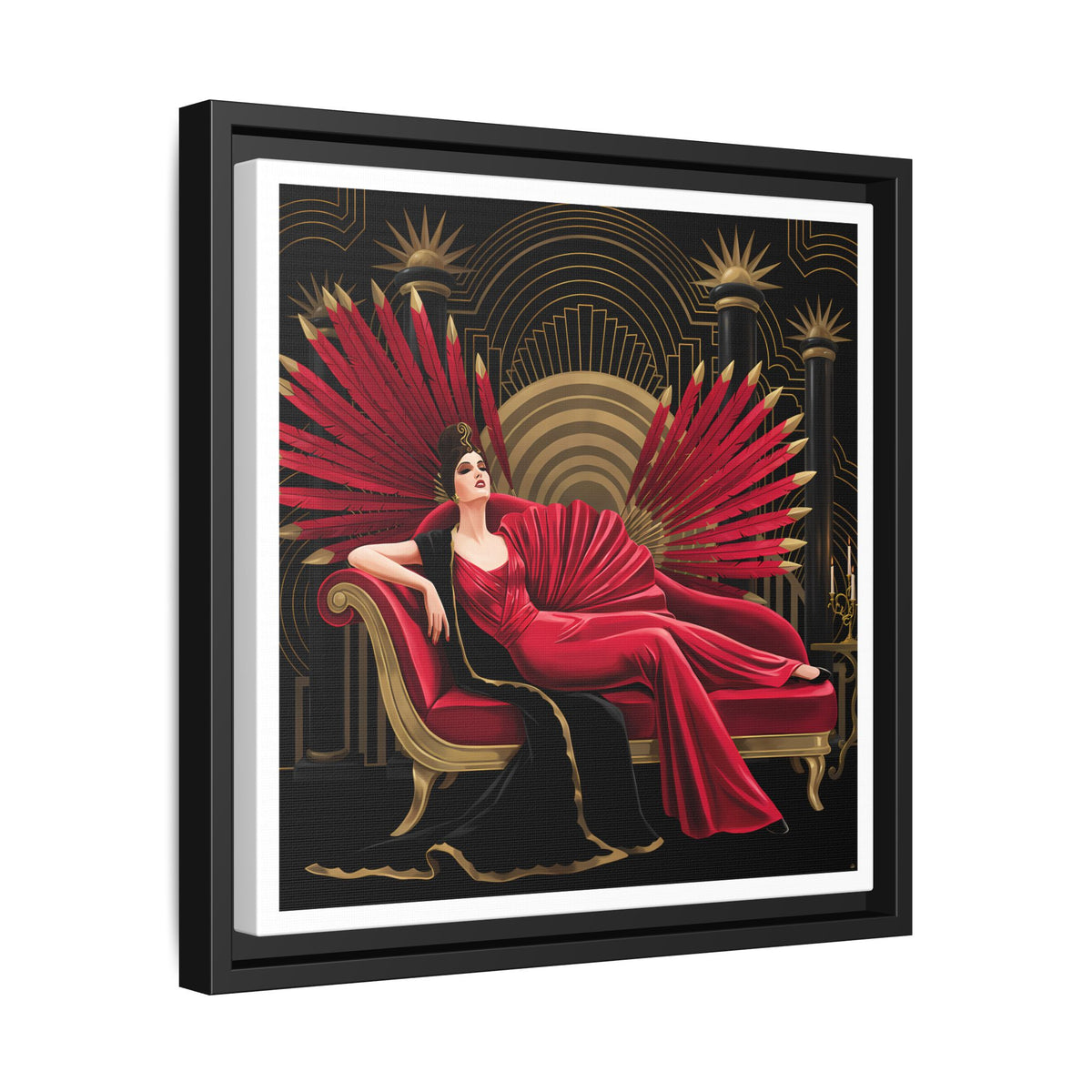 Art Deco Lady with Red Feathers Matte Canvas Framed Wall Art