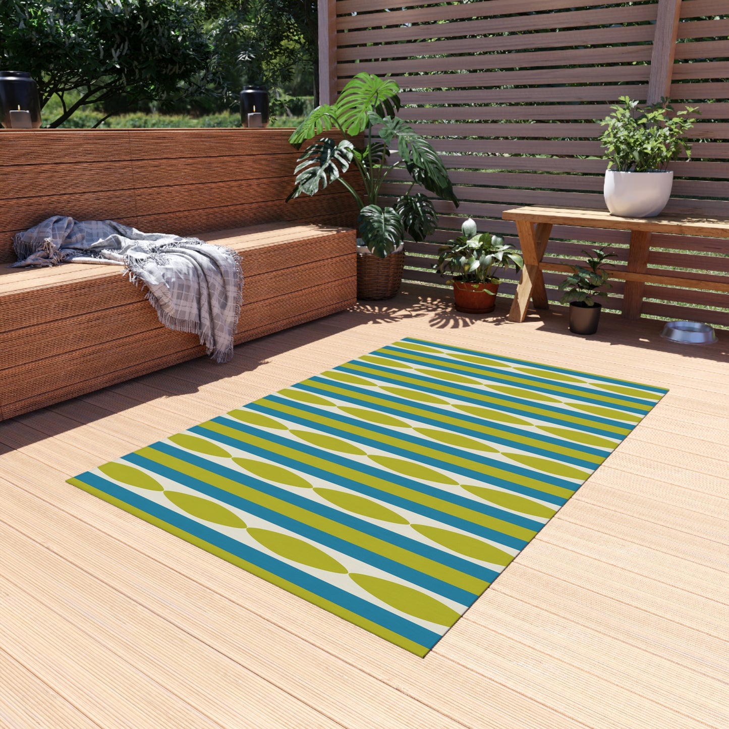 Midcentury Leaf Stripe Outdoor Rug | Patio Mat, Green Blue Linear Pattern