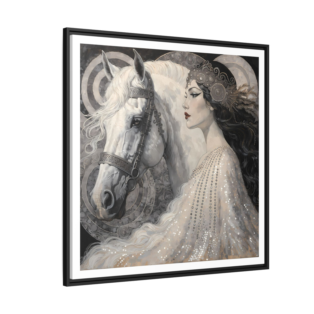 Ethereal Woman with White Horse Matte Canvas Framed Wall Art