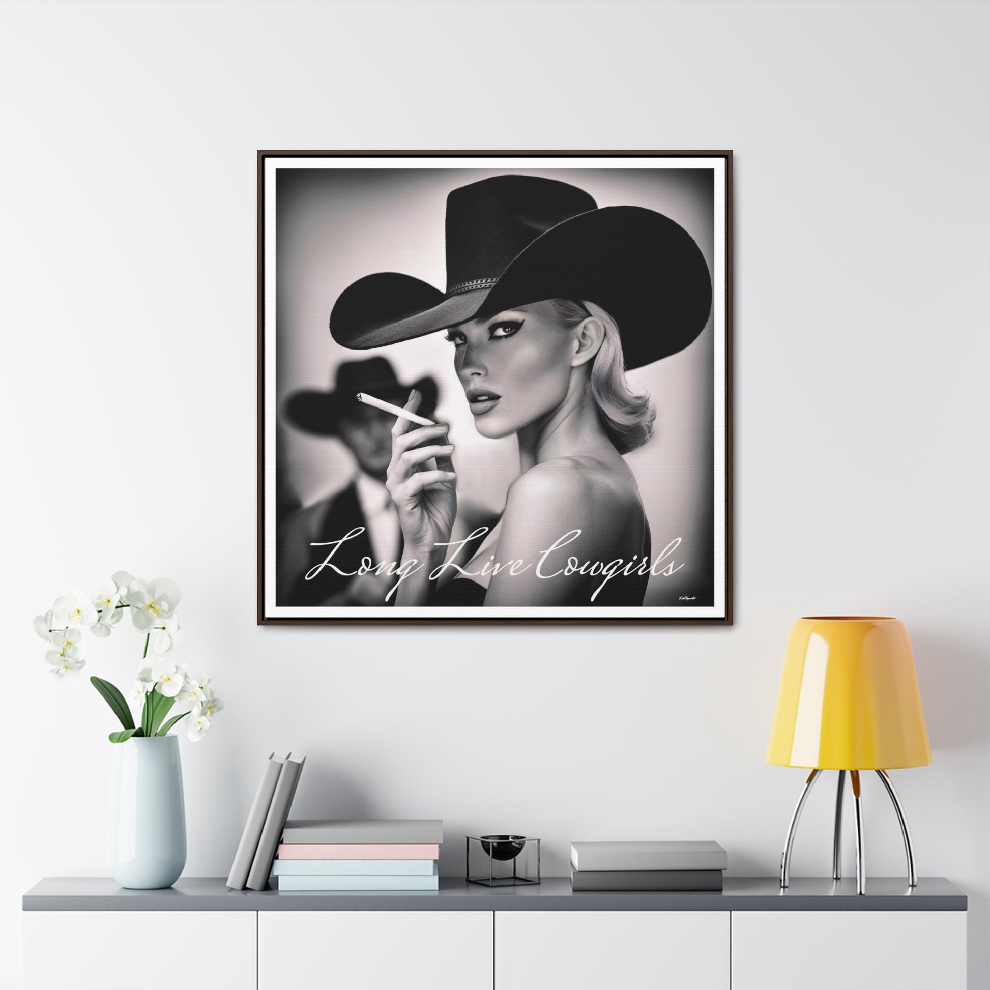 Square Frame Wall Art, Fashion Photography, Cowgirl Decor, Gallery Canvas Wraps, Glam Girl Gift, Black and White Photo Print - LOLA VEGAS ART