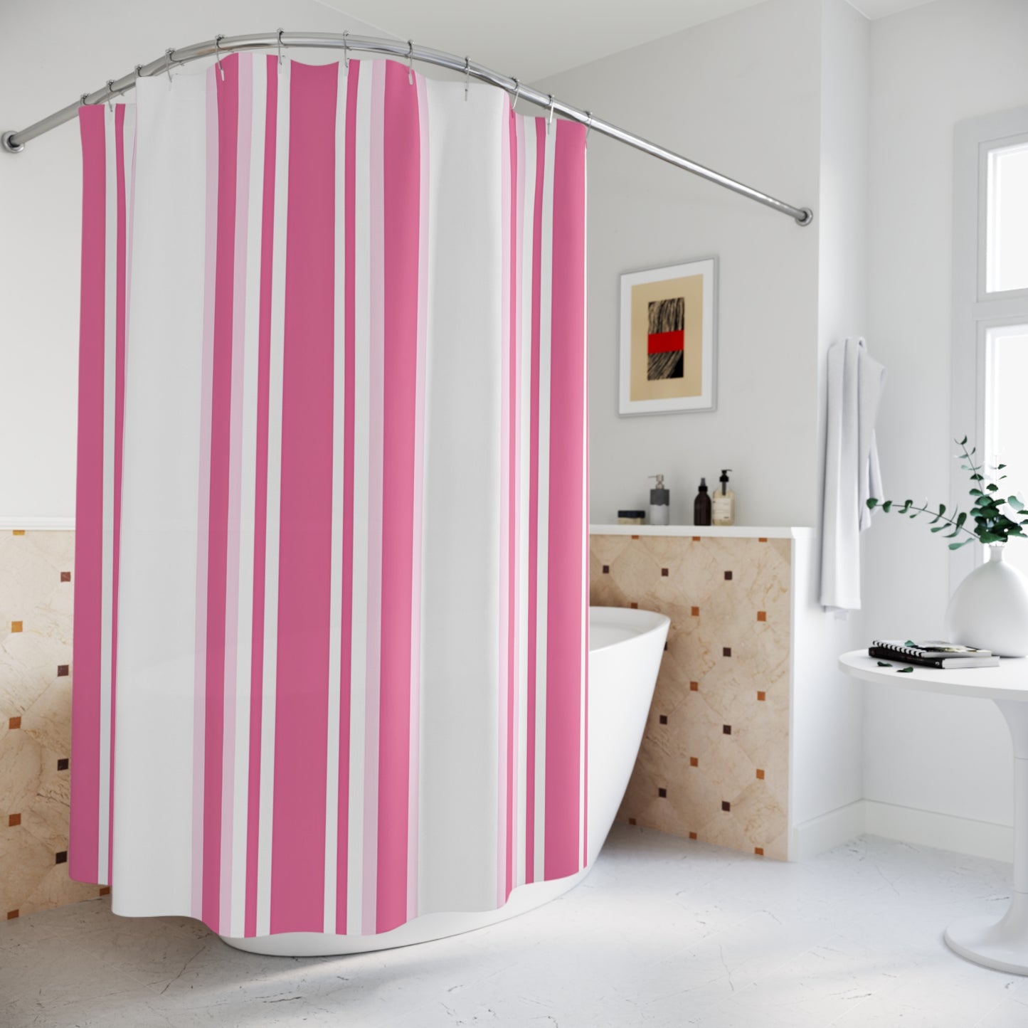 Pink Stripe Shower Curtain | Vertical Pink White Striped Bathroom Curtain